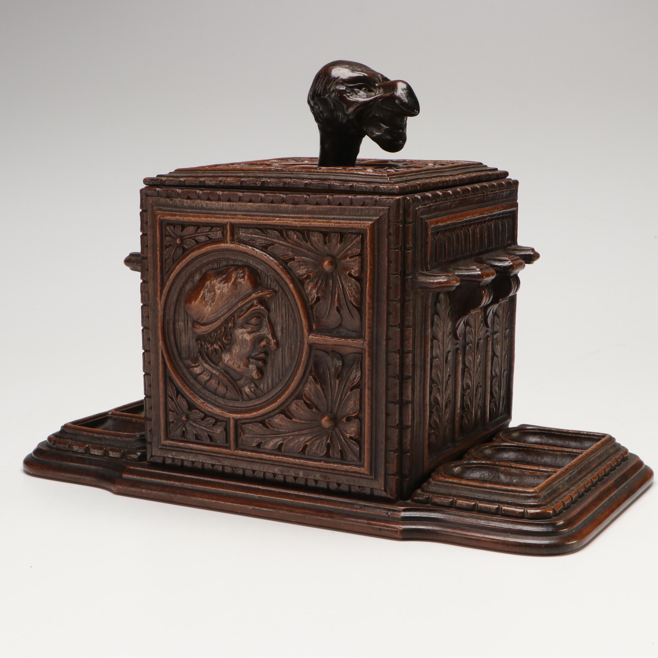Antique Black Forest Carved Wood Humidor and Pipe Holder with Grotesque