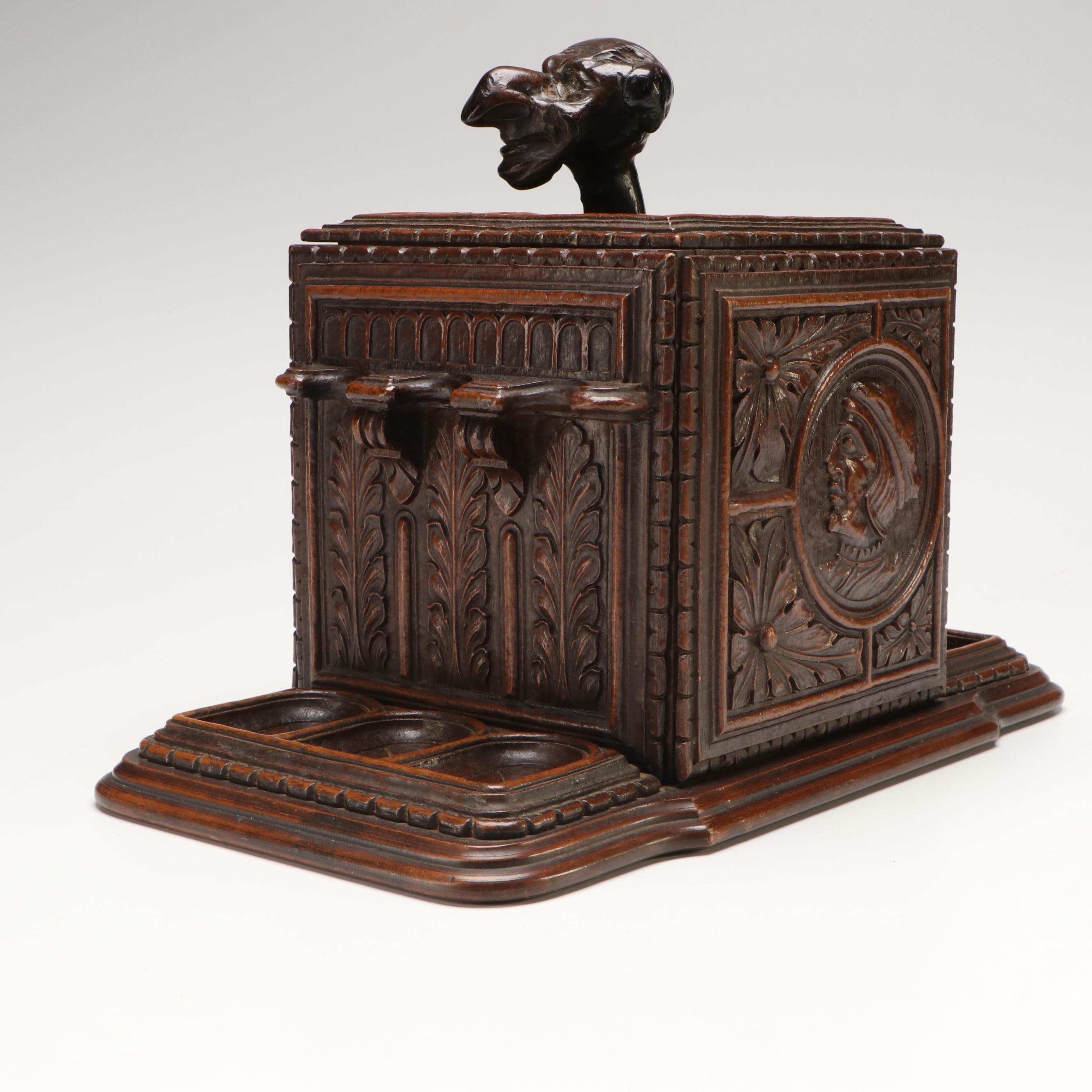 Antique Black Forest Carved Wood Humidor and Pipe Holder with Grotesque