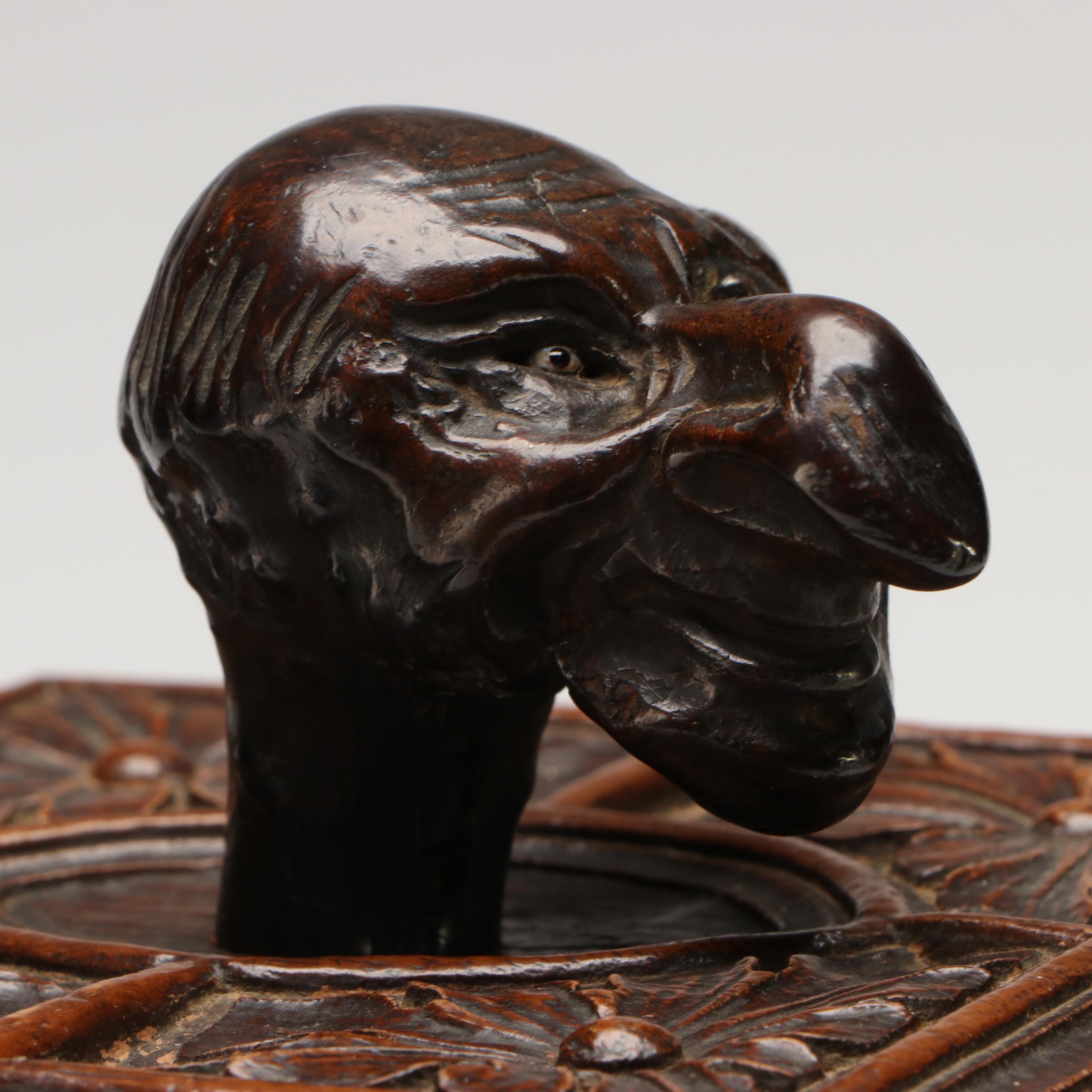 Antique Black Forest Carved Wood Humidor and Pipe Holder with Grotesque