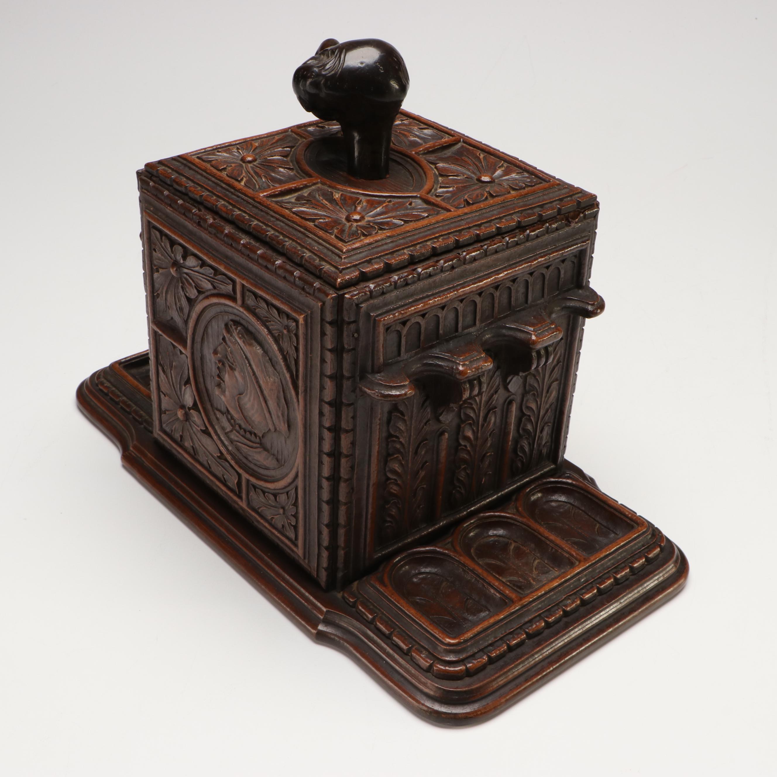 Antique Black Forest Carved Wood Humidor and Pipe Holder with Grotesque
