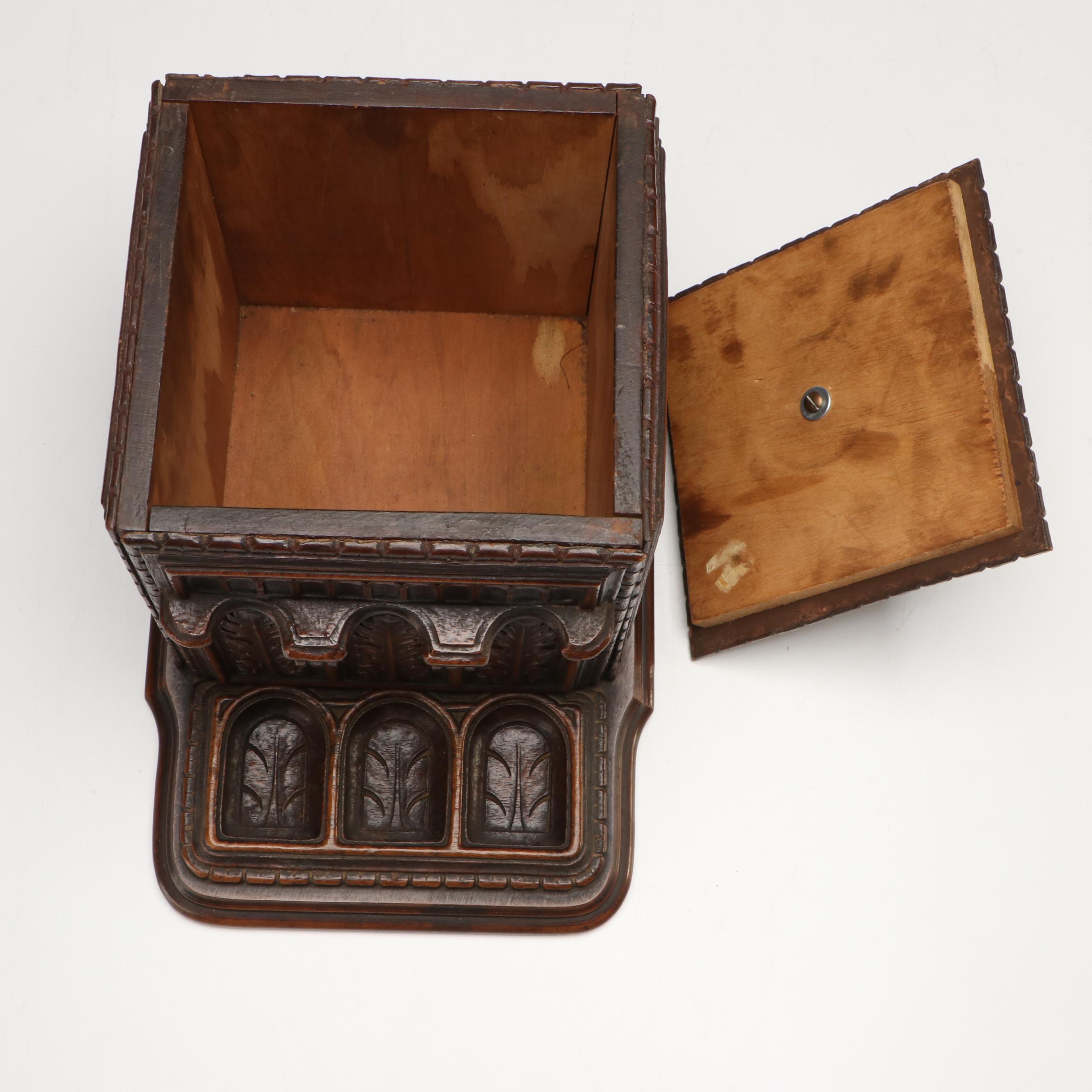 Antique Black Forest Carved Wood Humidor and Pipe Holder with Grotesque