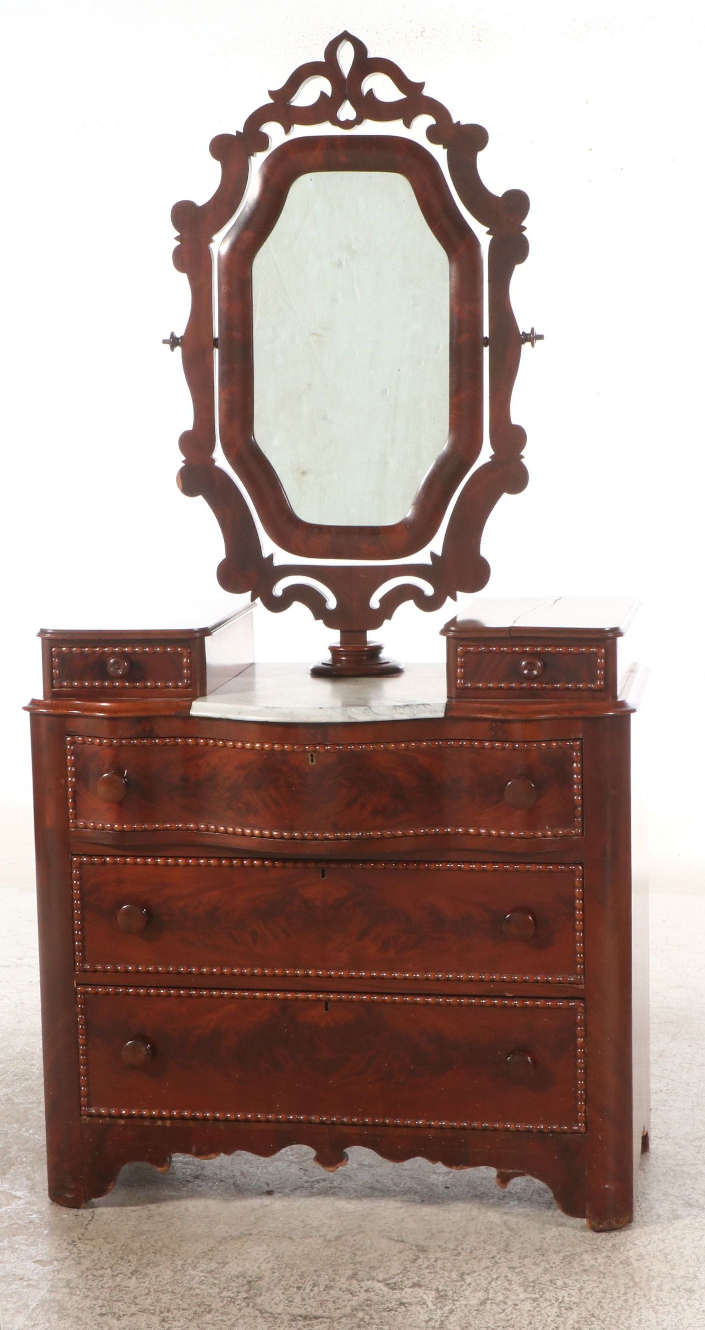 Gothic Revival Style Flame Mahogany and Wood Marble Dresser with Glove Drawers