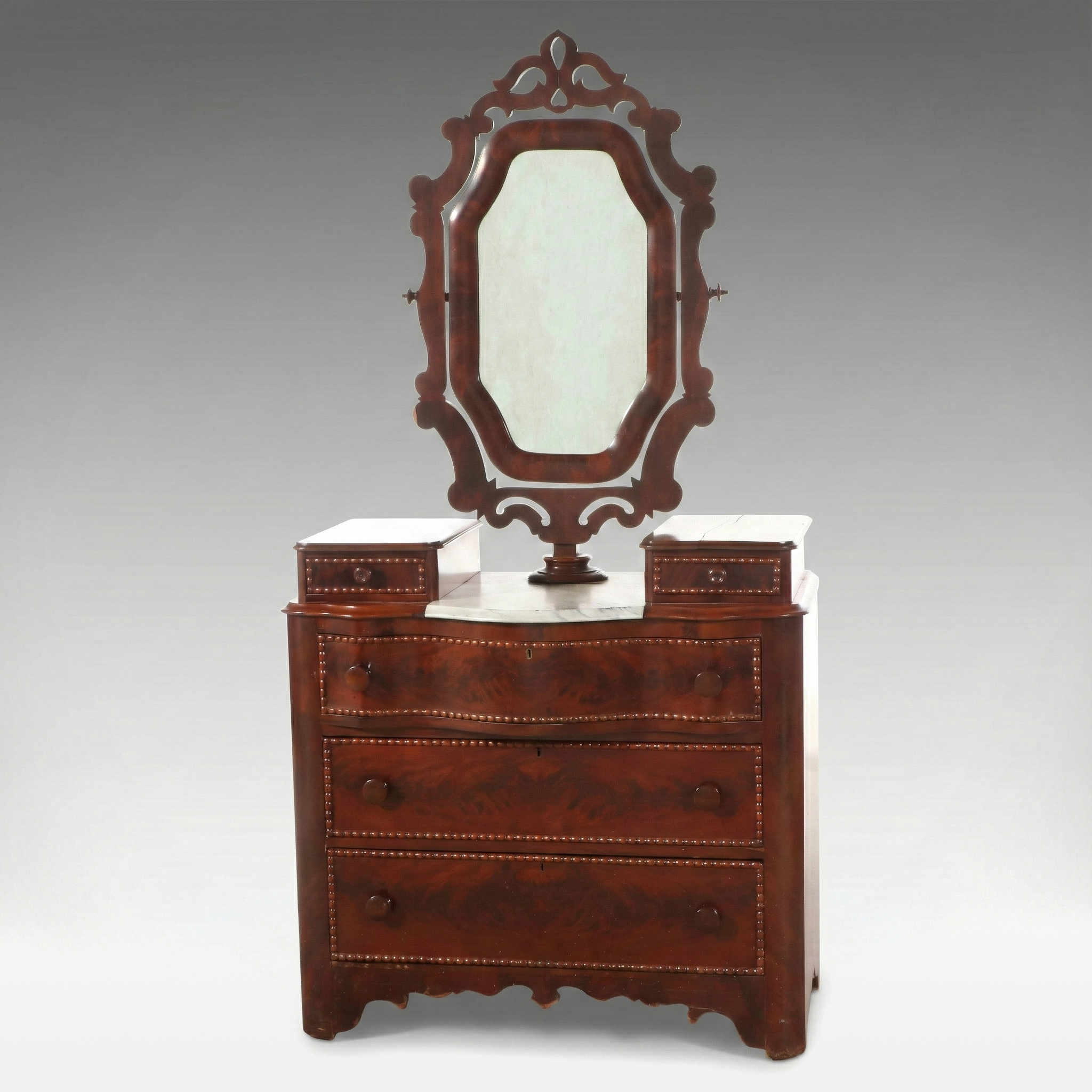 Gothic Revival Style Flame Mahogany and Wood Marble Dresser with Glove Drawers