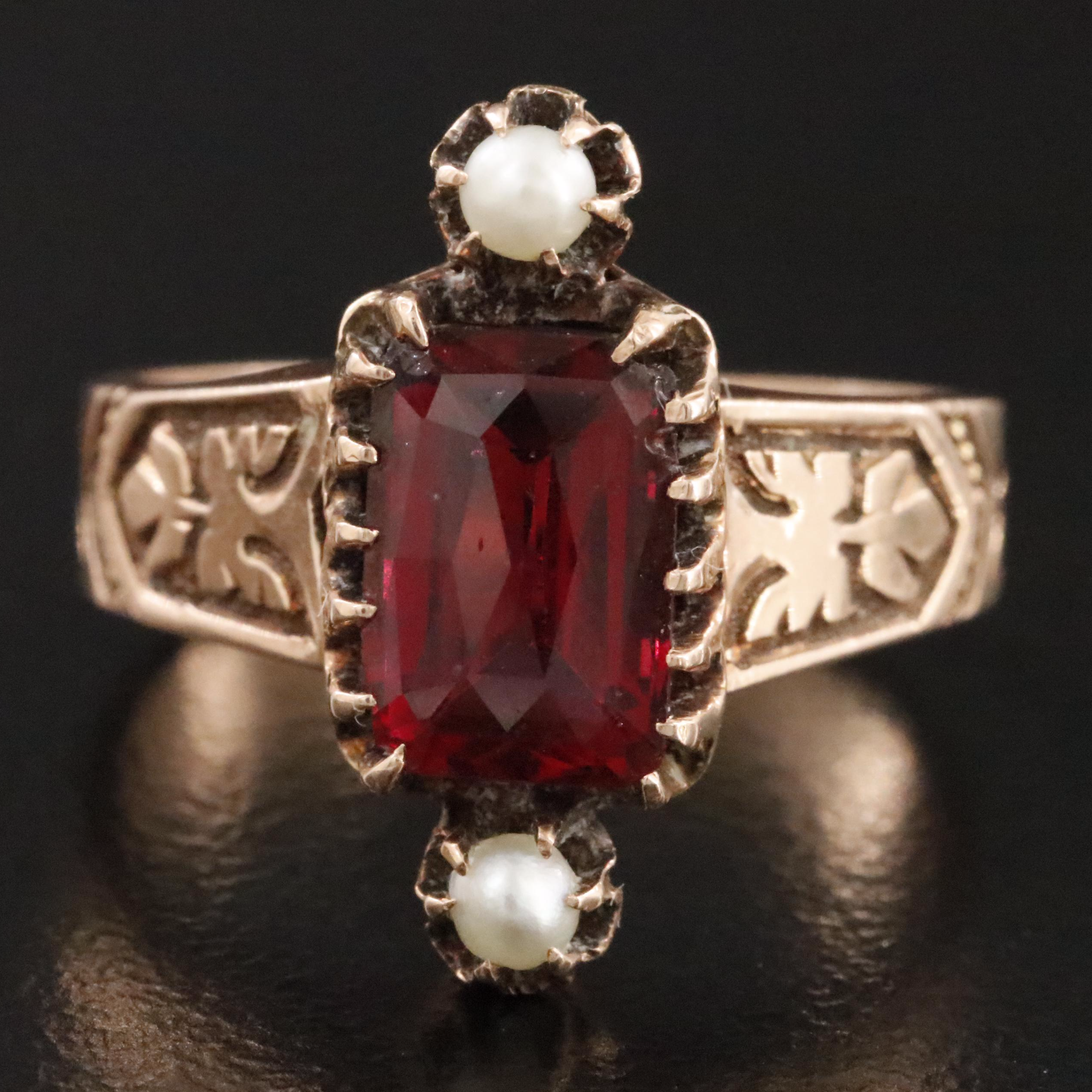 Antique 10K Garnet Glass Doublet and Seed Pearl Ring