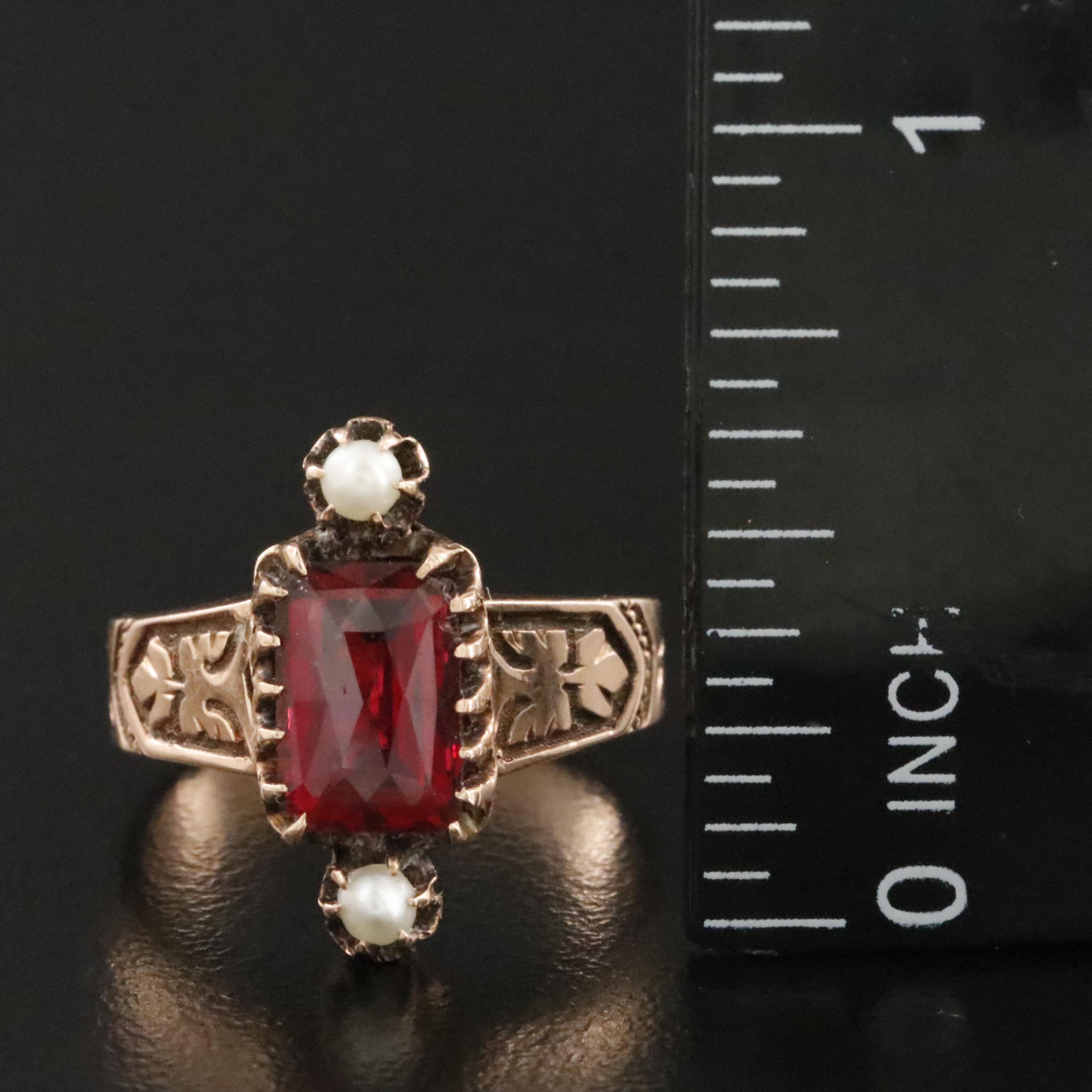 Antique 10K Garnet Glass Doublet and Seed Pearl Ring