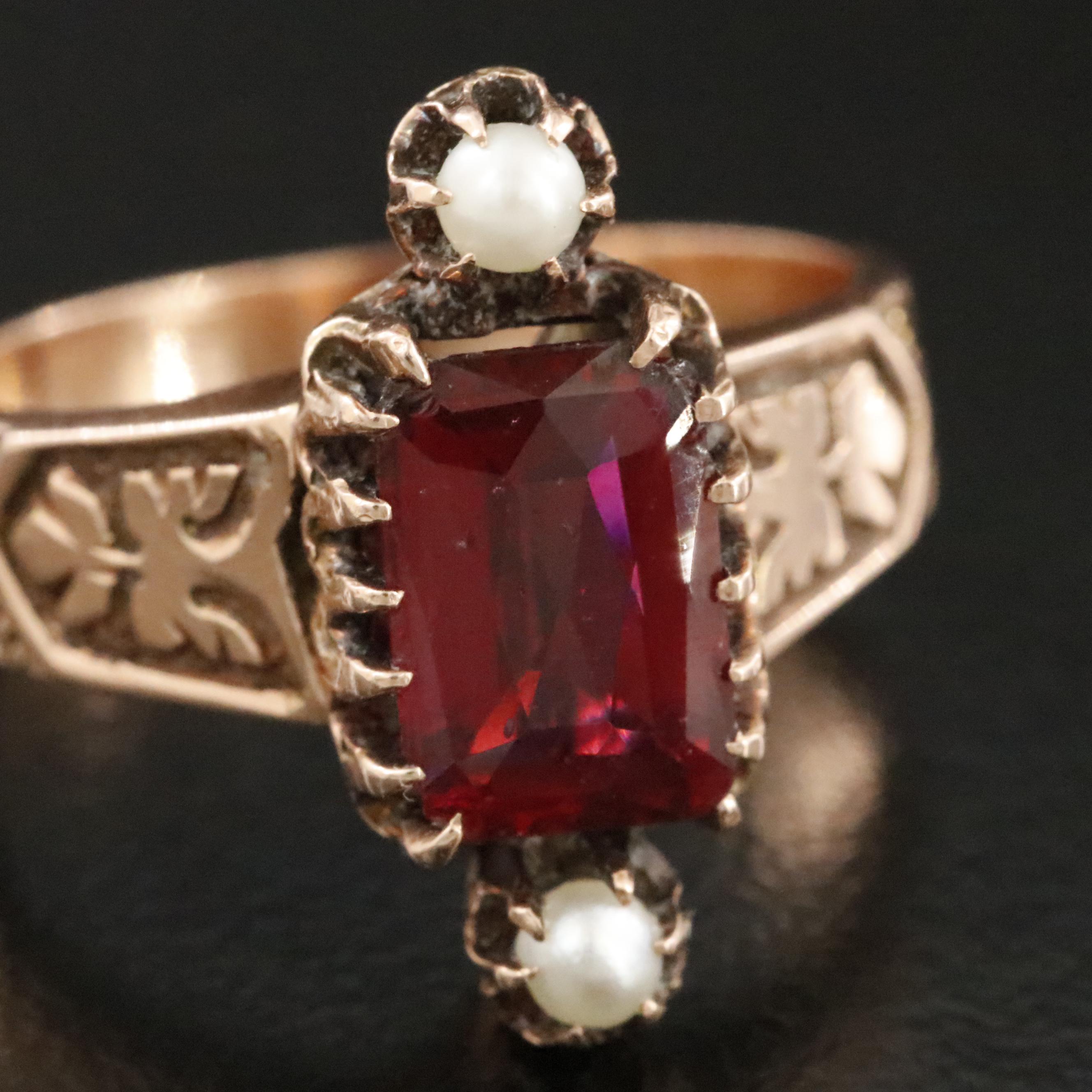 Antique 10K Garnet Glass Doublet and Seed Pearl Ring