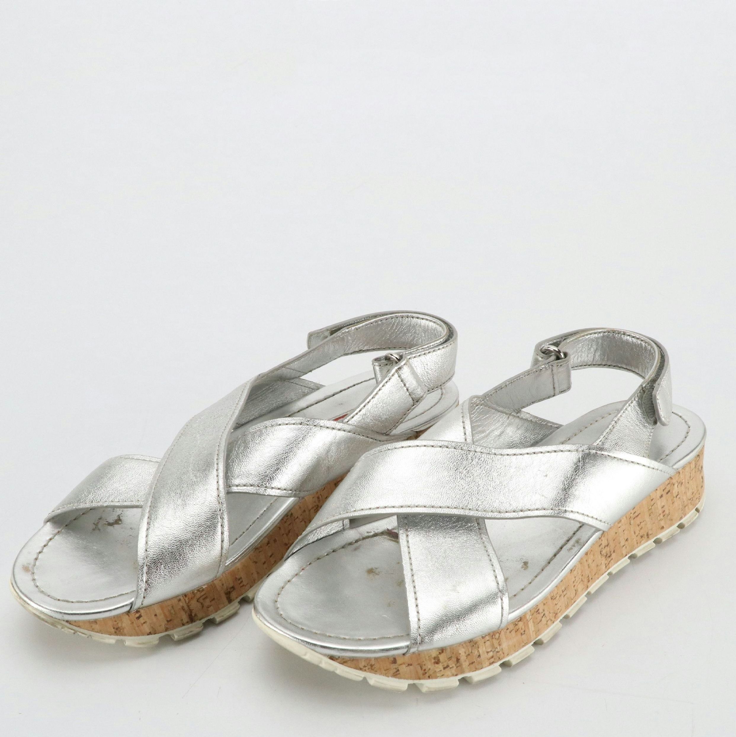 Prada Sport Silver Metallic Leather Cork Sandals