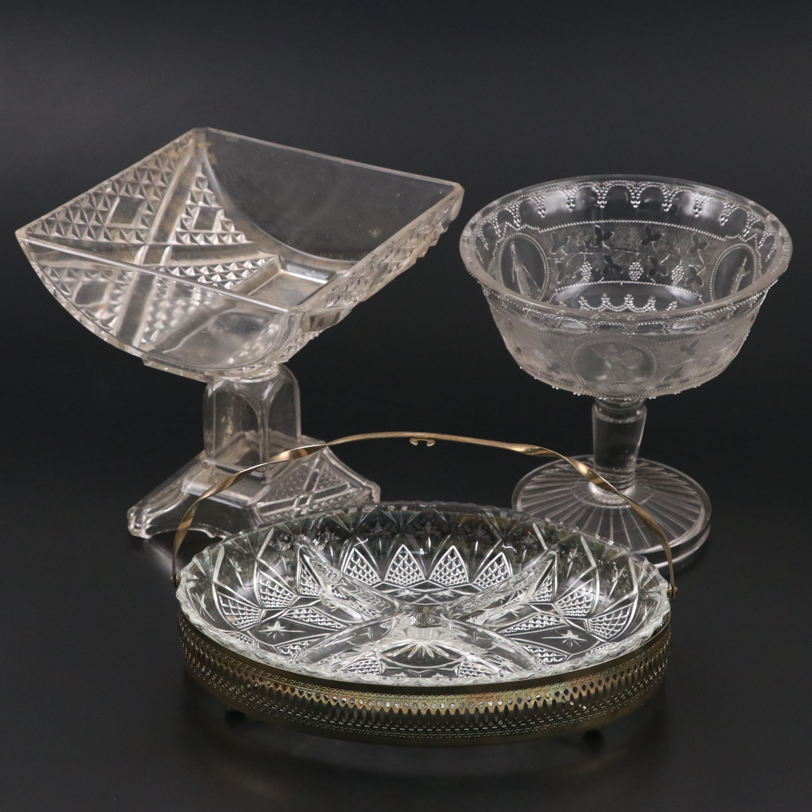 Glass Pedestal Bowls and Glass Divided Dish with Silver Finish Holder