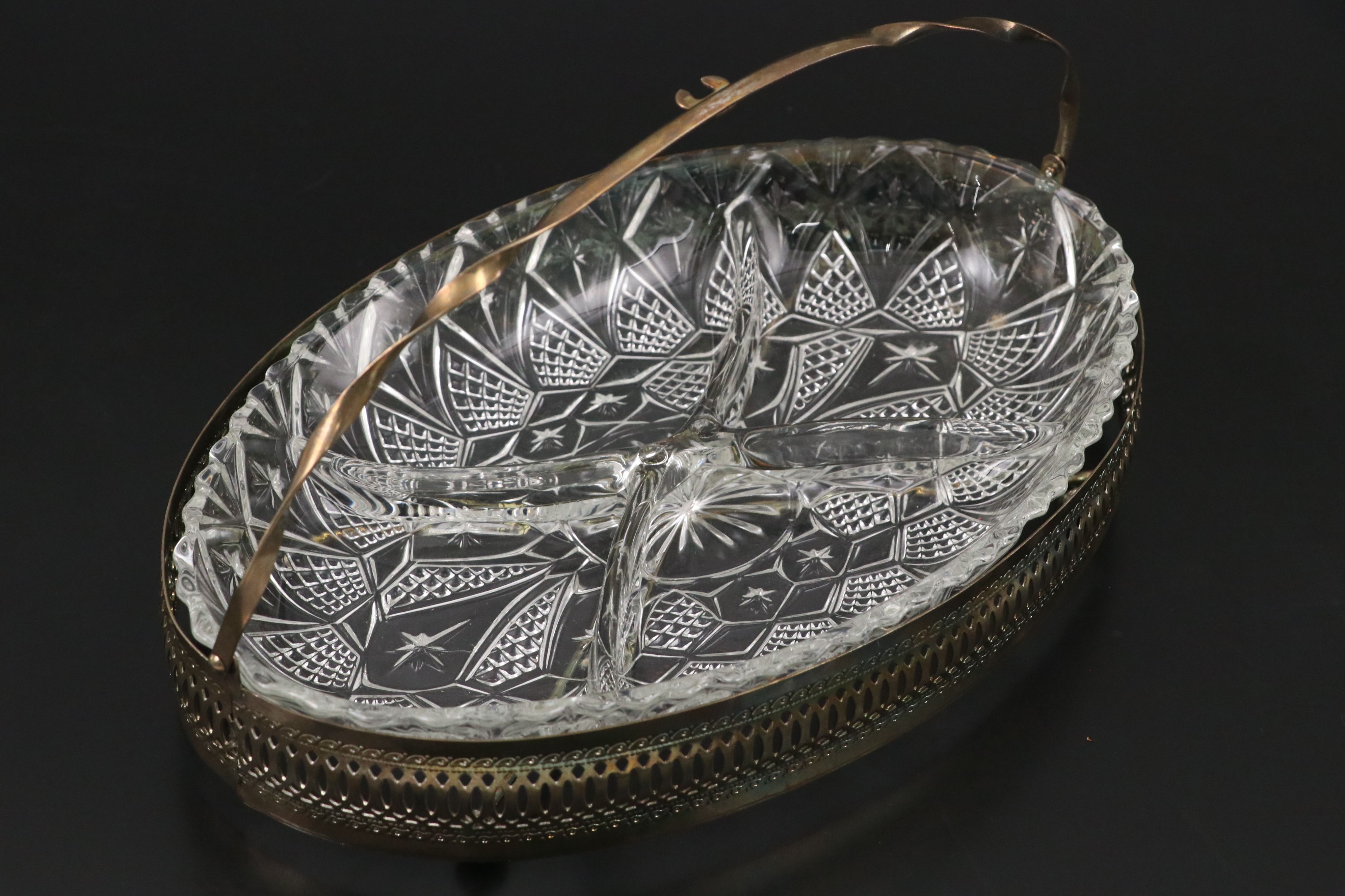 Glass Pedestal Bowls and Glass Divided Dish with Silver Finish Holder