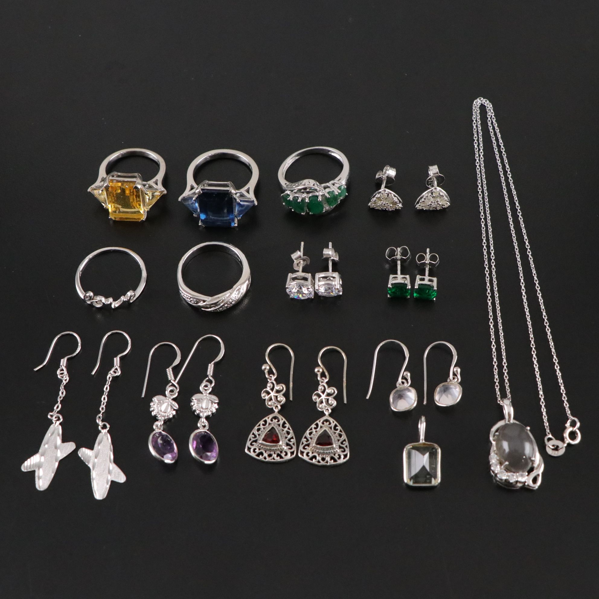 14 Assorted Sterling Silver Rings, Necklaces and Earrings