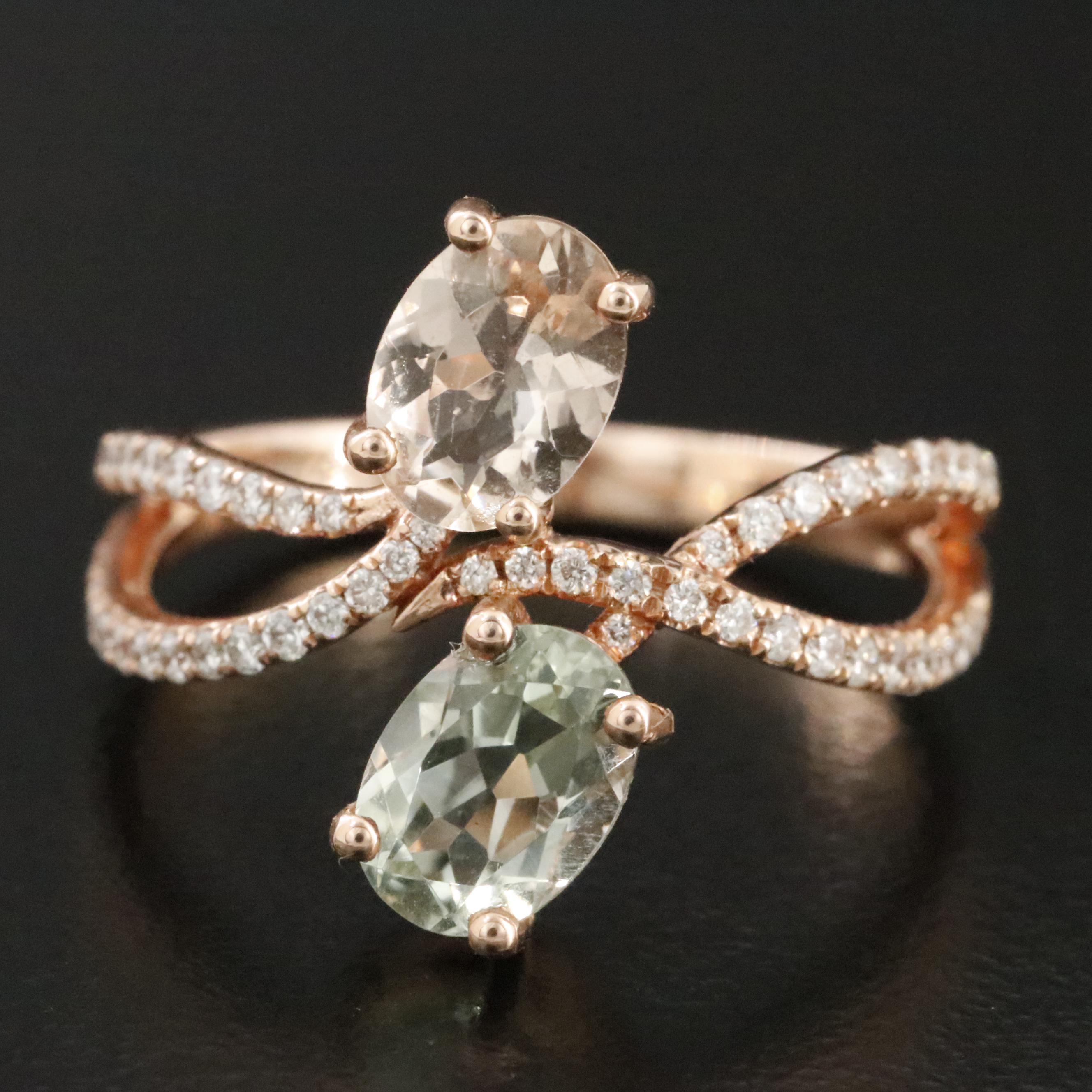 EFFY 14K Rose Gold Morganite, Prasiolite and Diamond Toi et Moi Ring