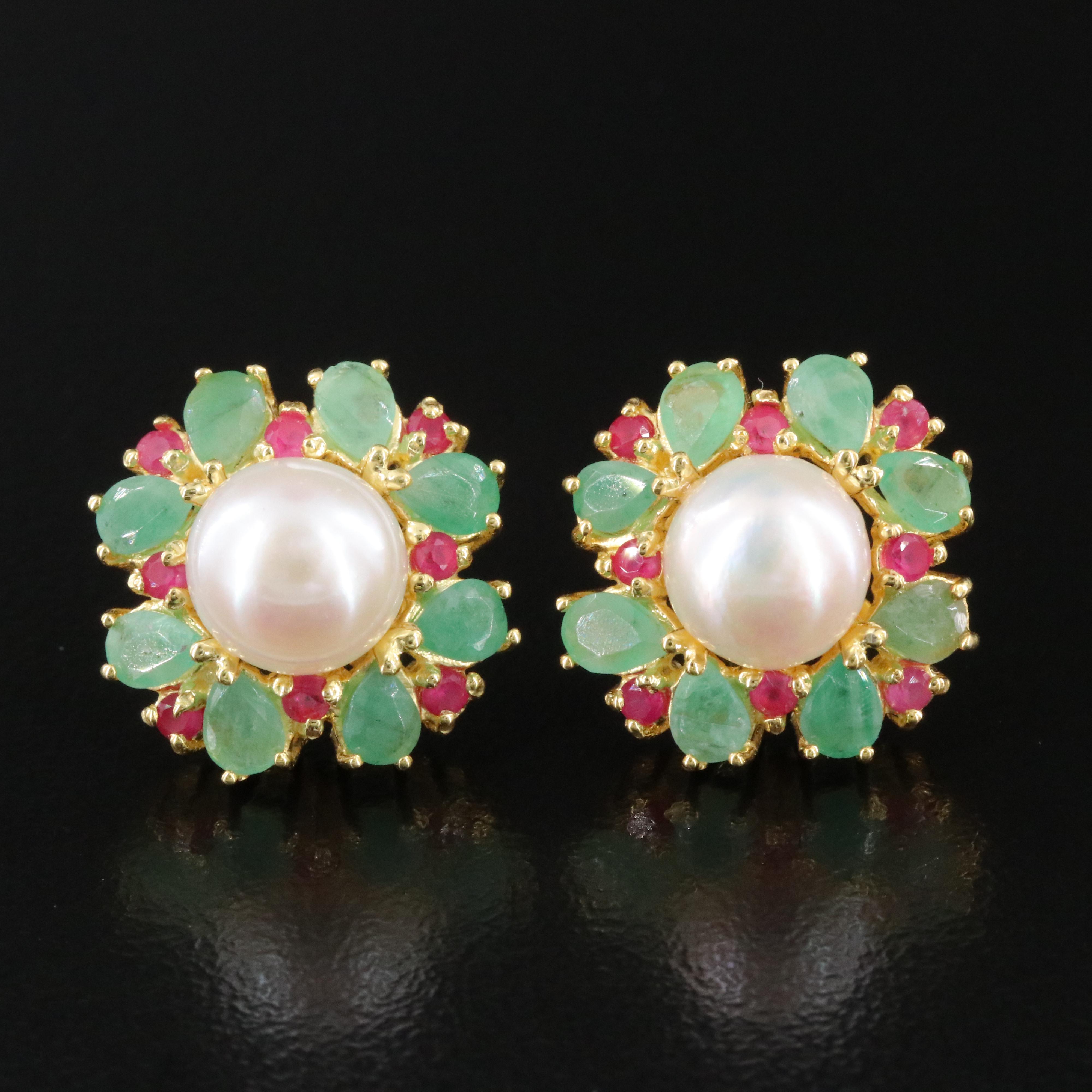 Sterling Pearl, Emerald, and Ruby Earrings