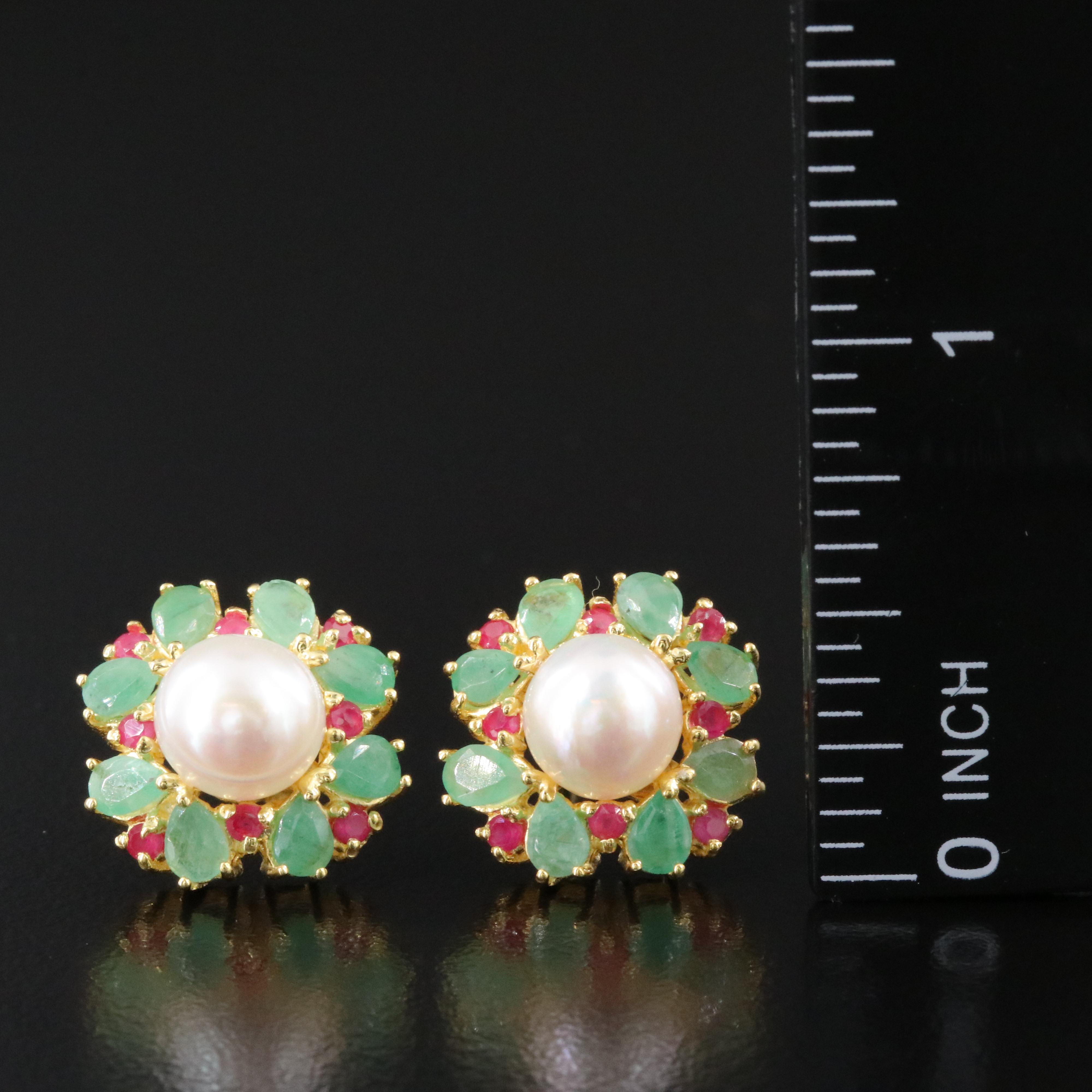 Sterling Pearl, Emerald, and Ruby Earrings