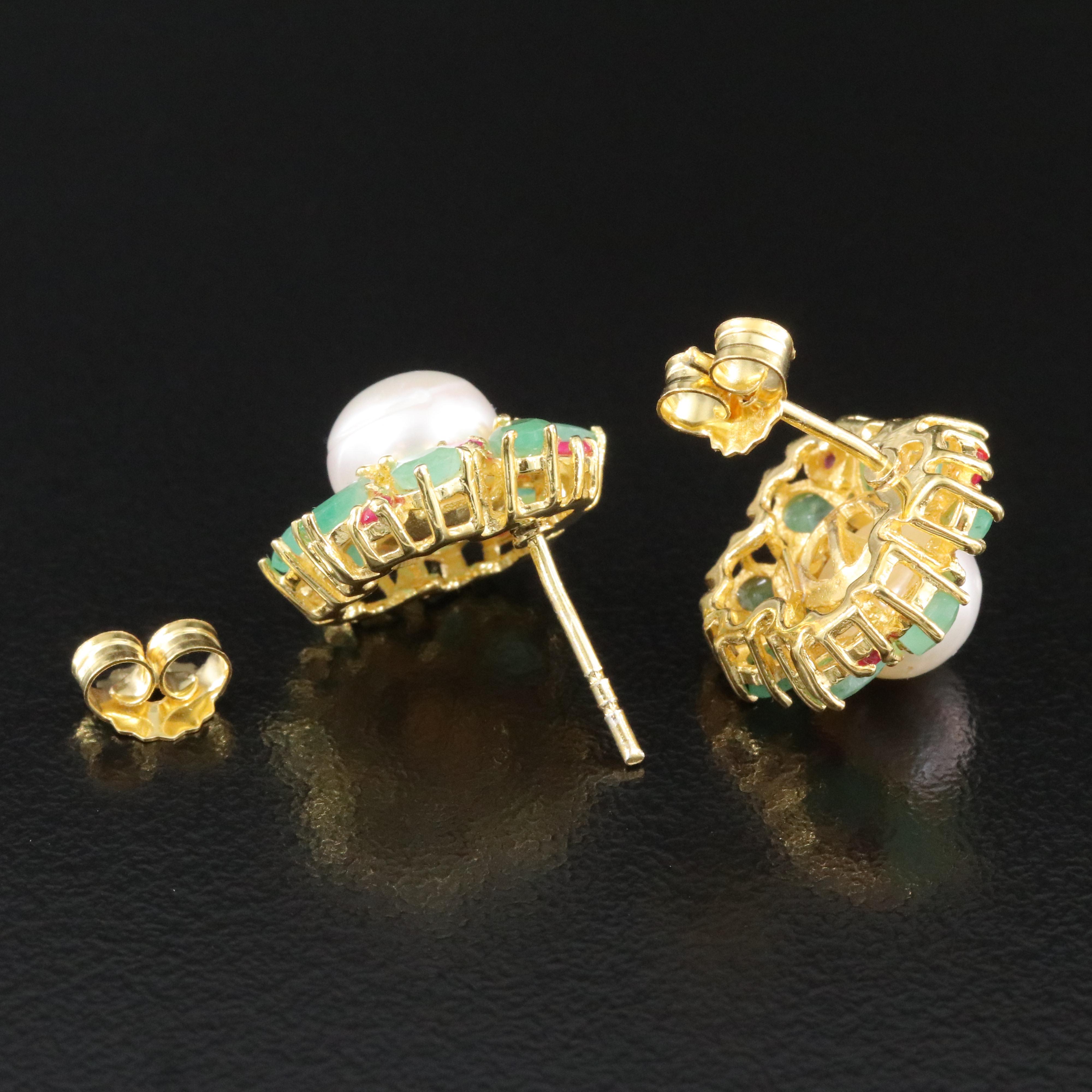 Sterling Pearl, Emerald, and Ruby Earrings