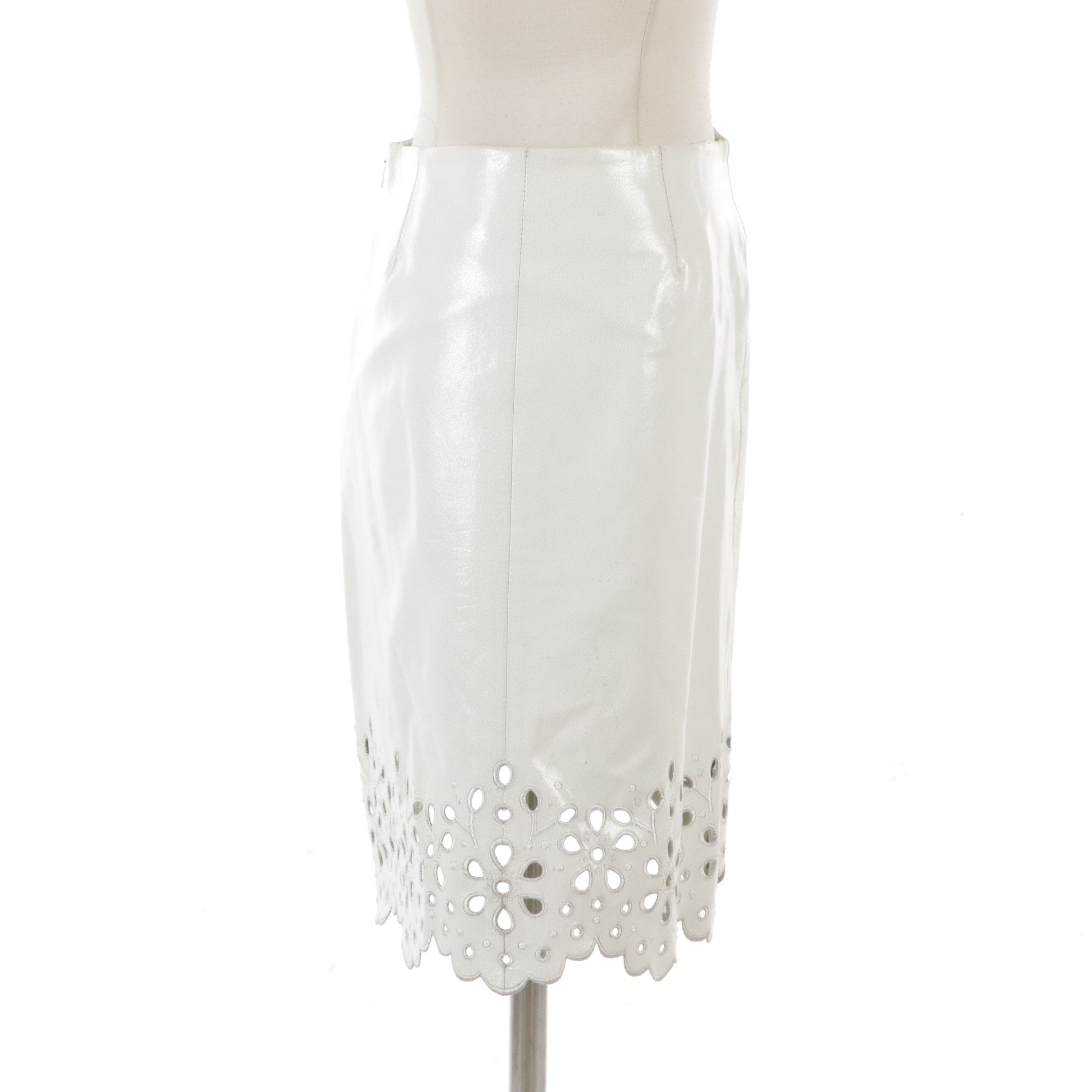 Celine White Embroidered Laser-Cut Lambskin Leather Skirt with Scalloped Hemline