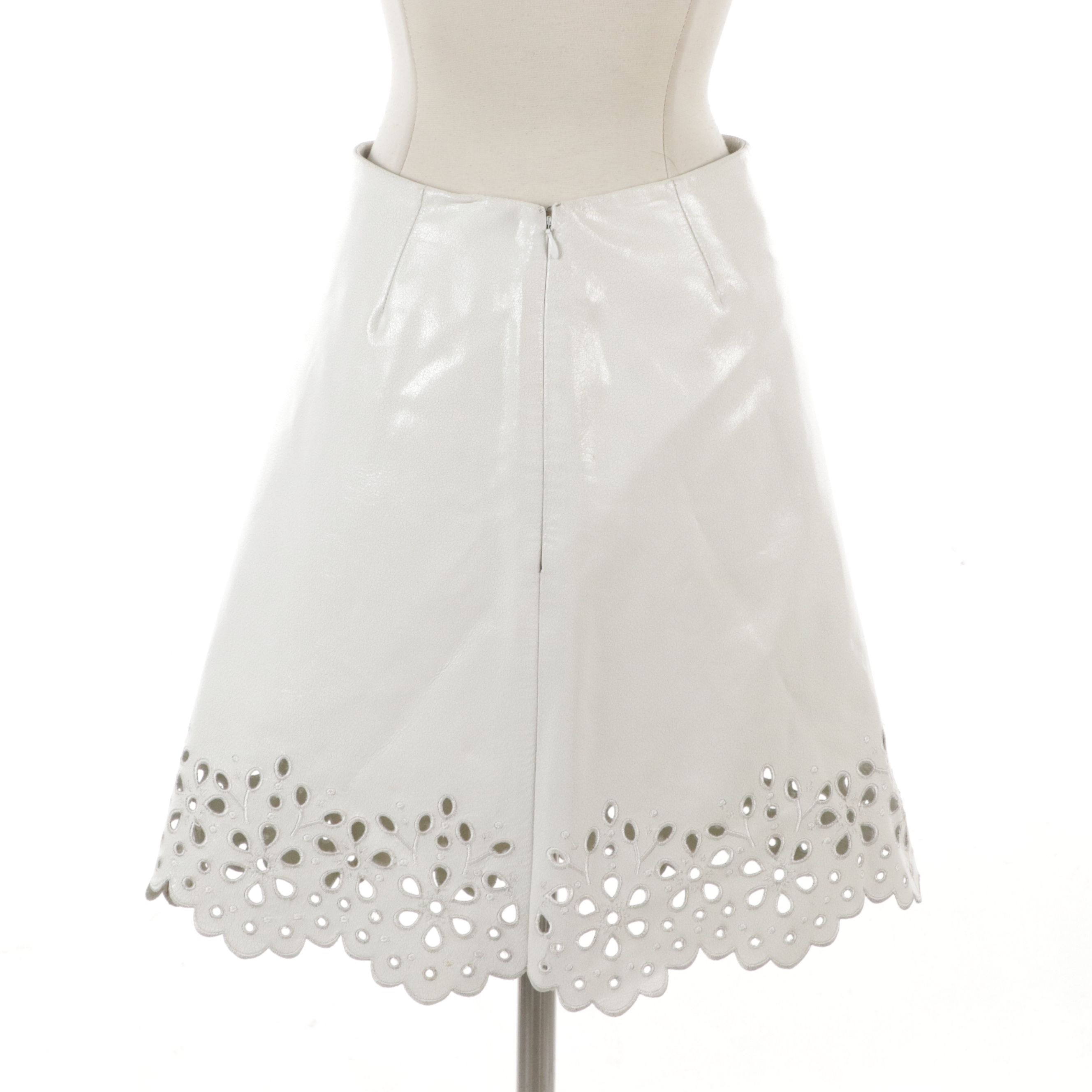 Celine White Embroidered Laser-Cut Lambskin Leather Skirt with Scalloped Hemline