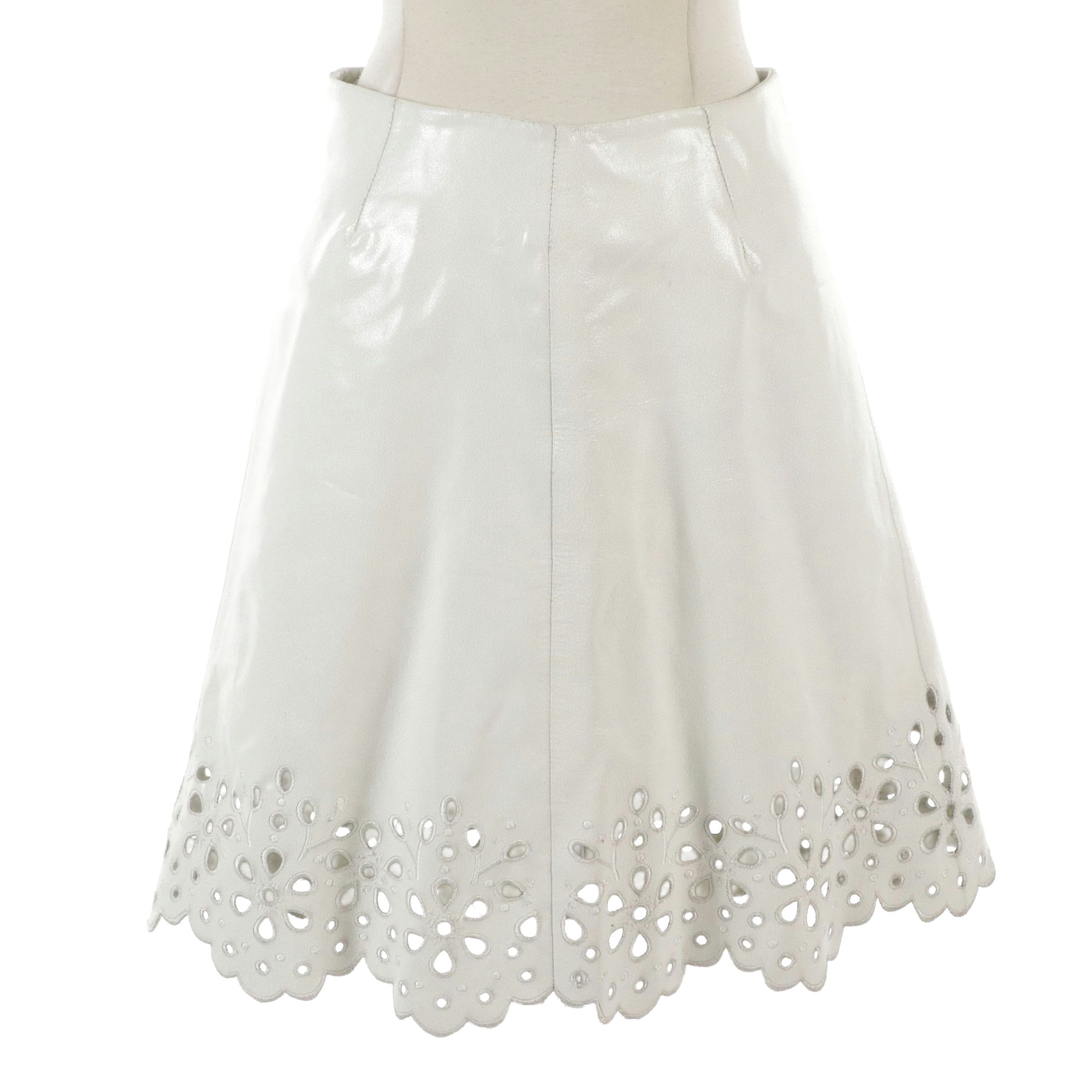 Celine White Embroidered Laser-Cut Lambskin Leather Skirt with Scalloped Hemline