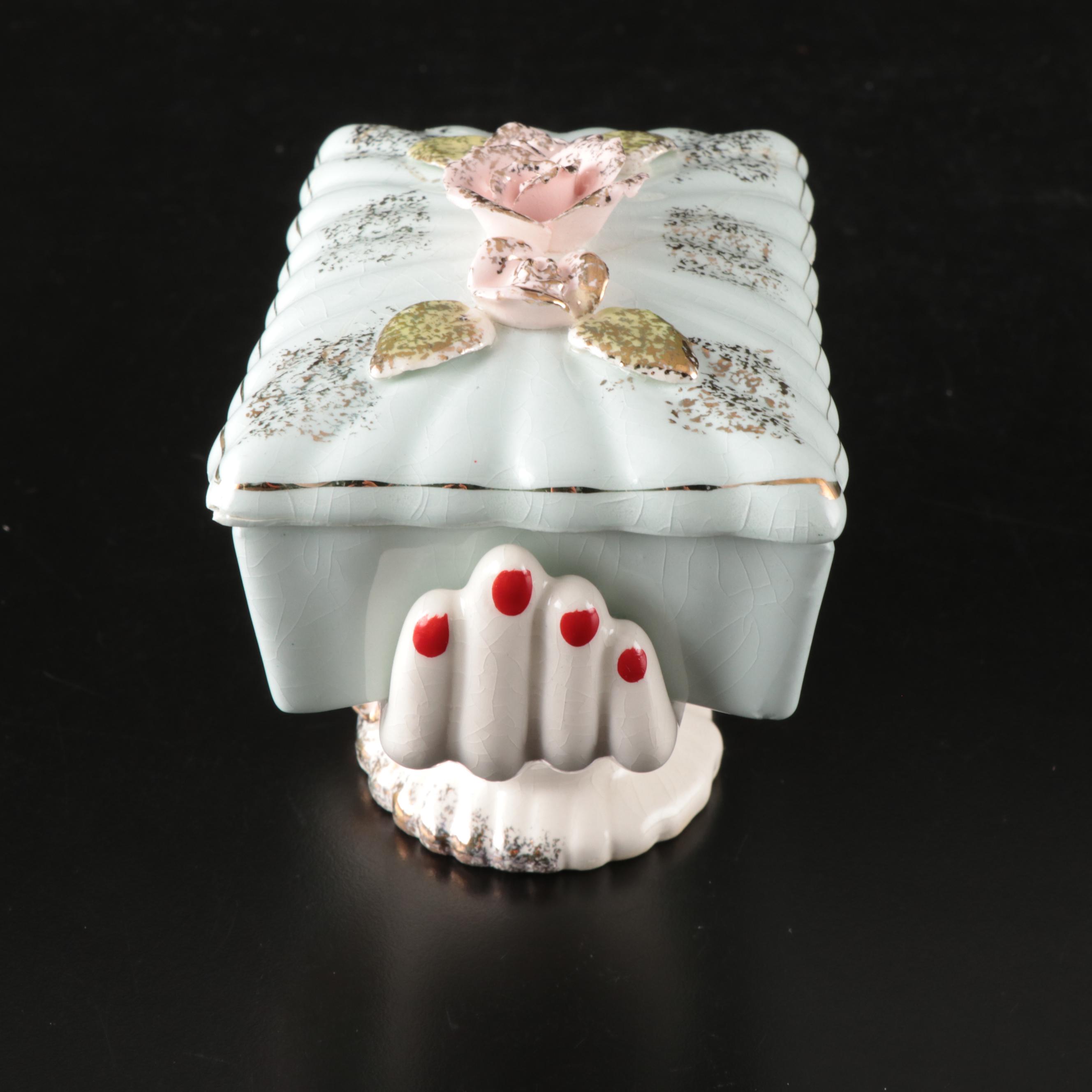 Japanese Porcelain Hands Holding Gilt Rose Box with Serving Bowl