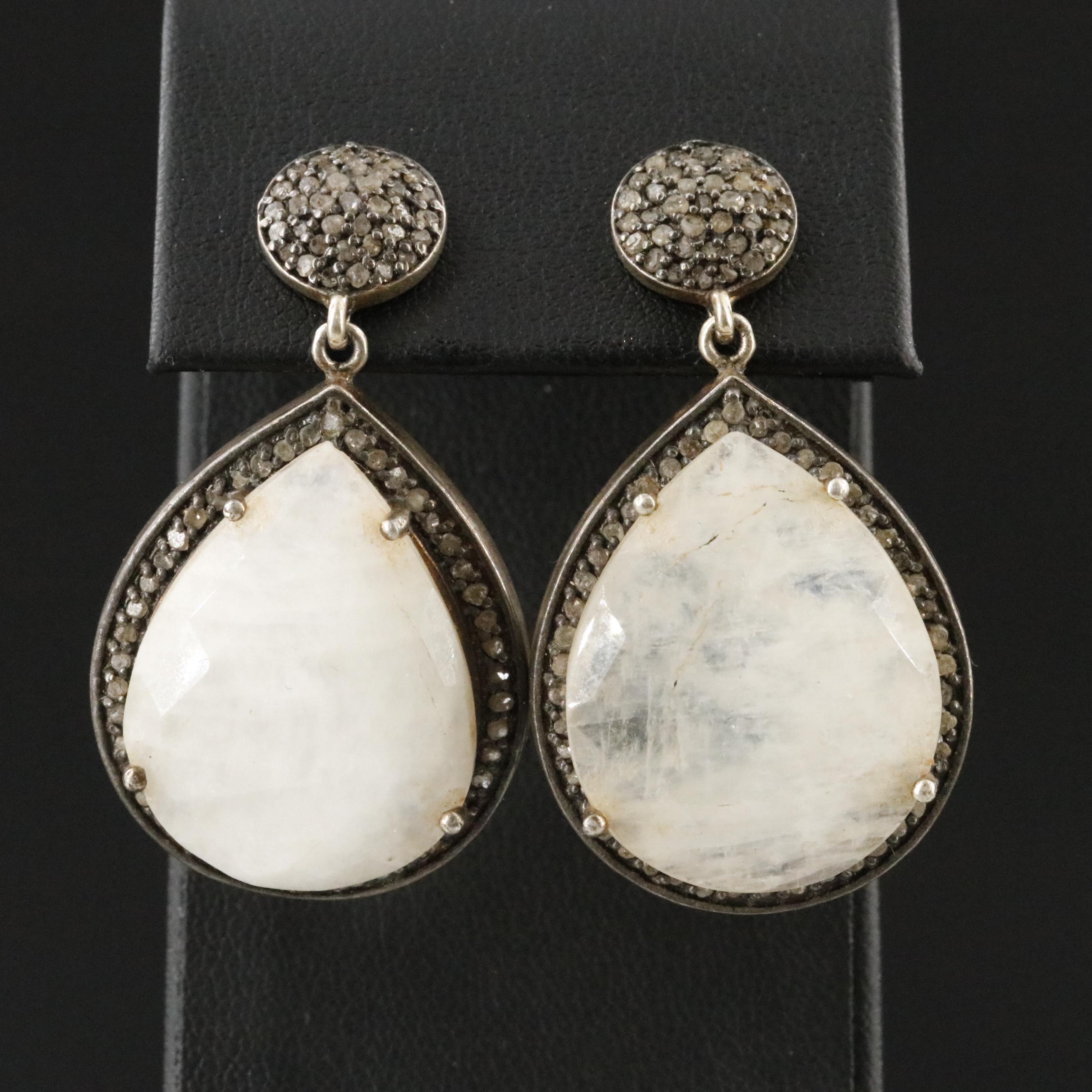 Sterling Rainbow Moonstone and Diamond Earrings