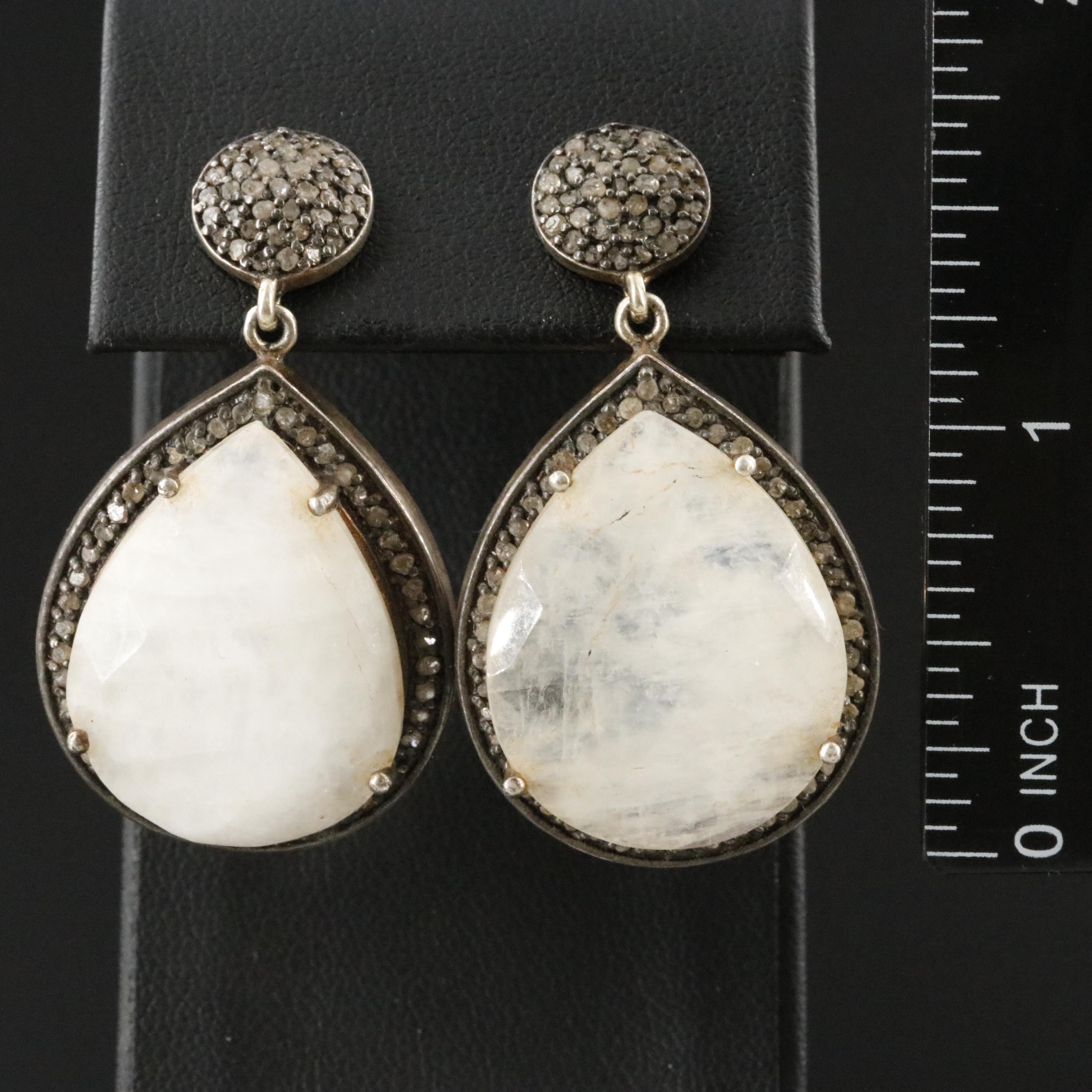 Sterling Rainbow Moonstone and Diamond Earrings