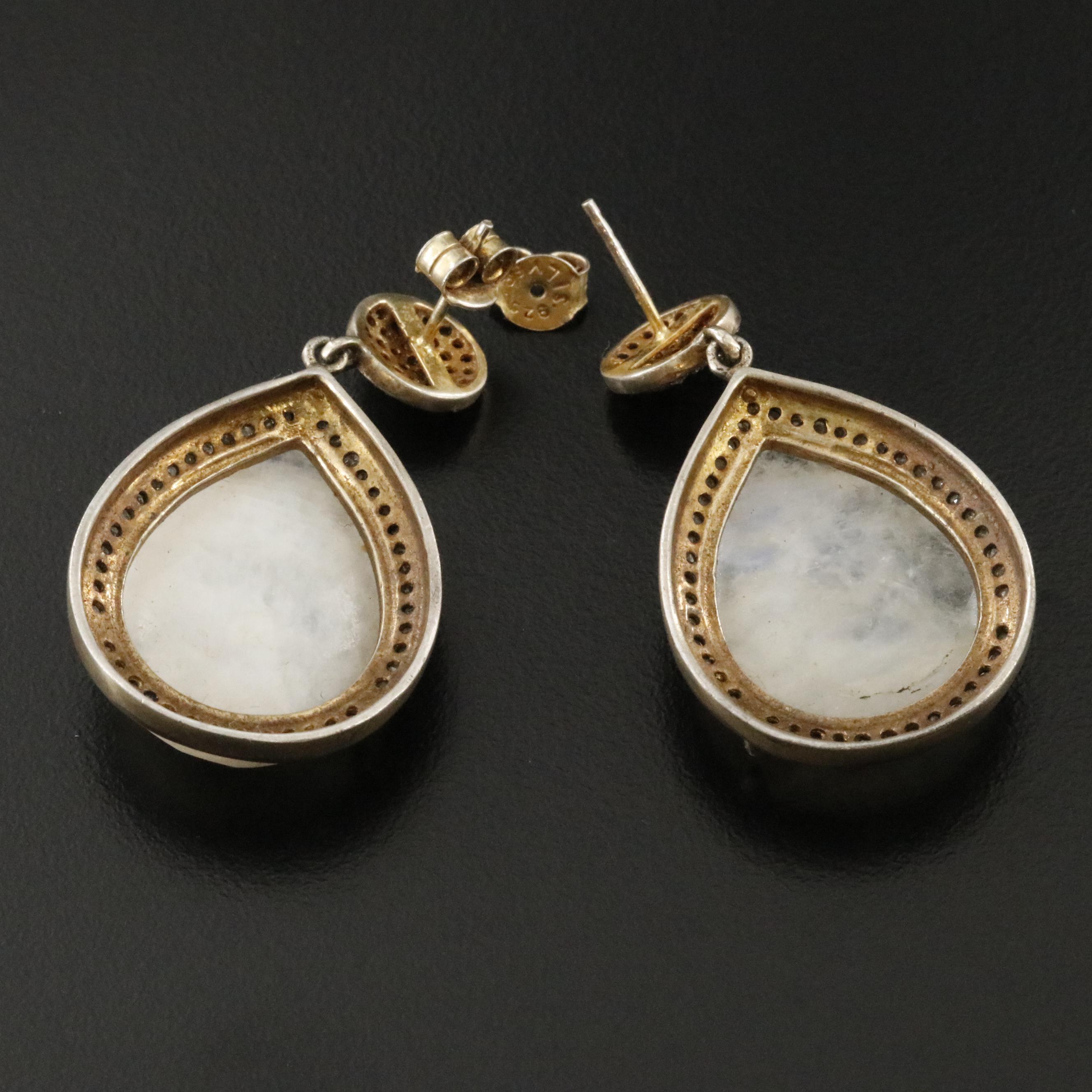 Sterling Rainbow Moonstone and Diamond Earrings