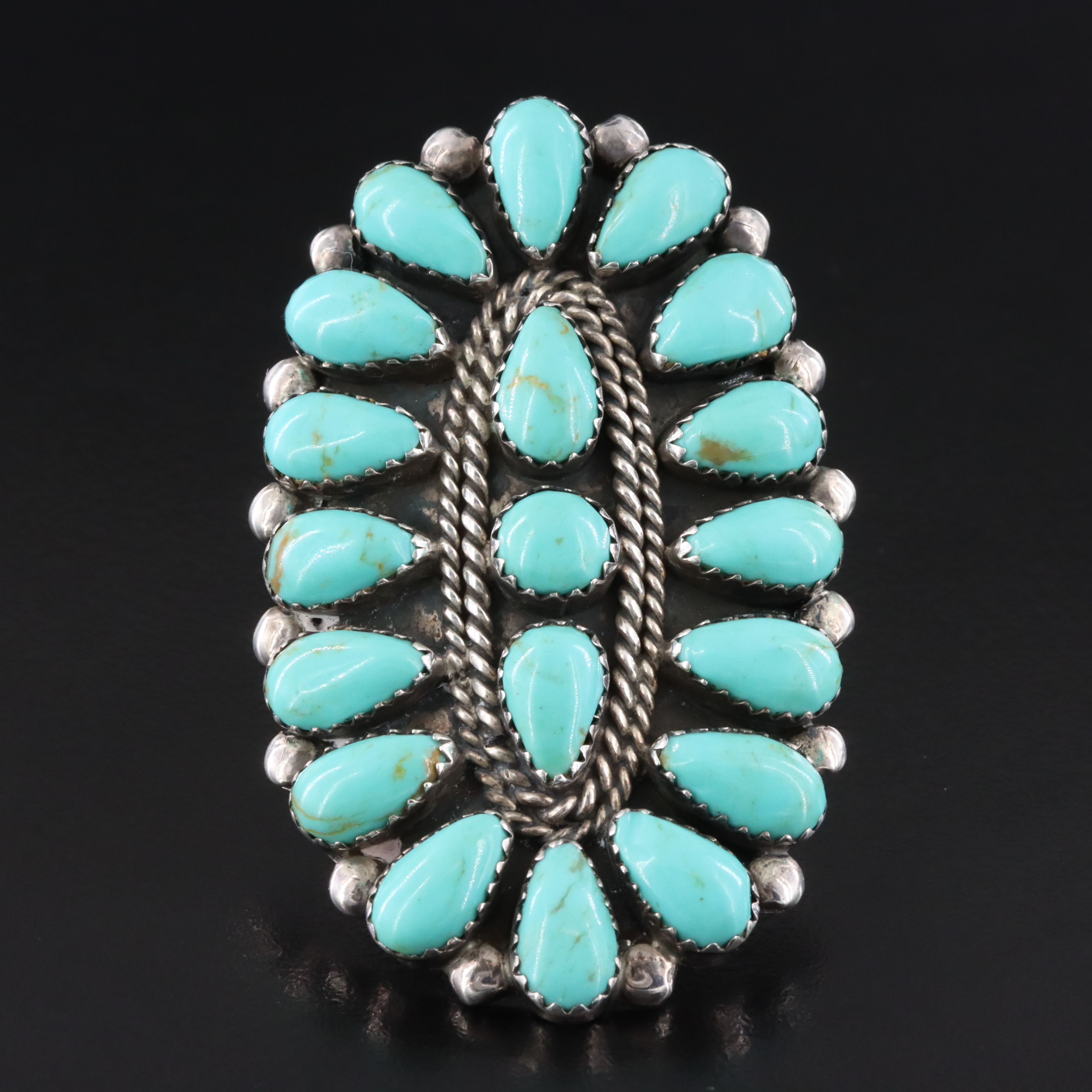 Southwestern Signed Sterling Turquoise Cluster Ring
