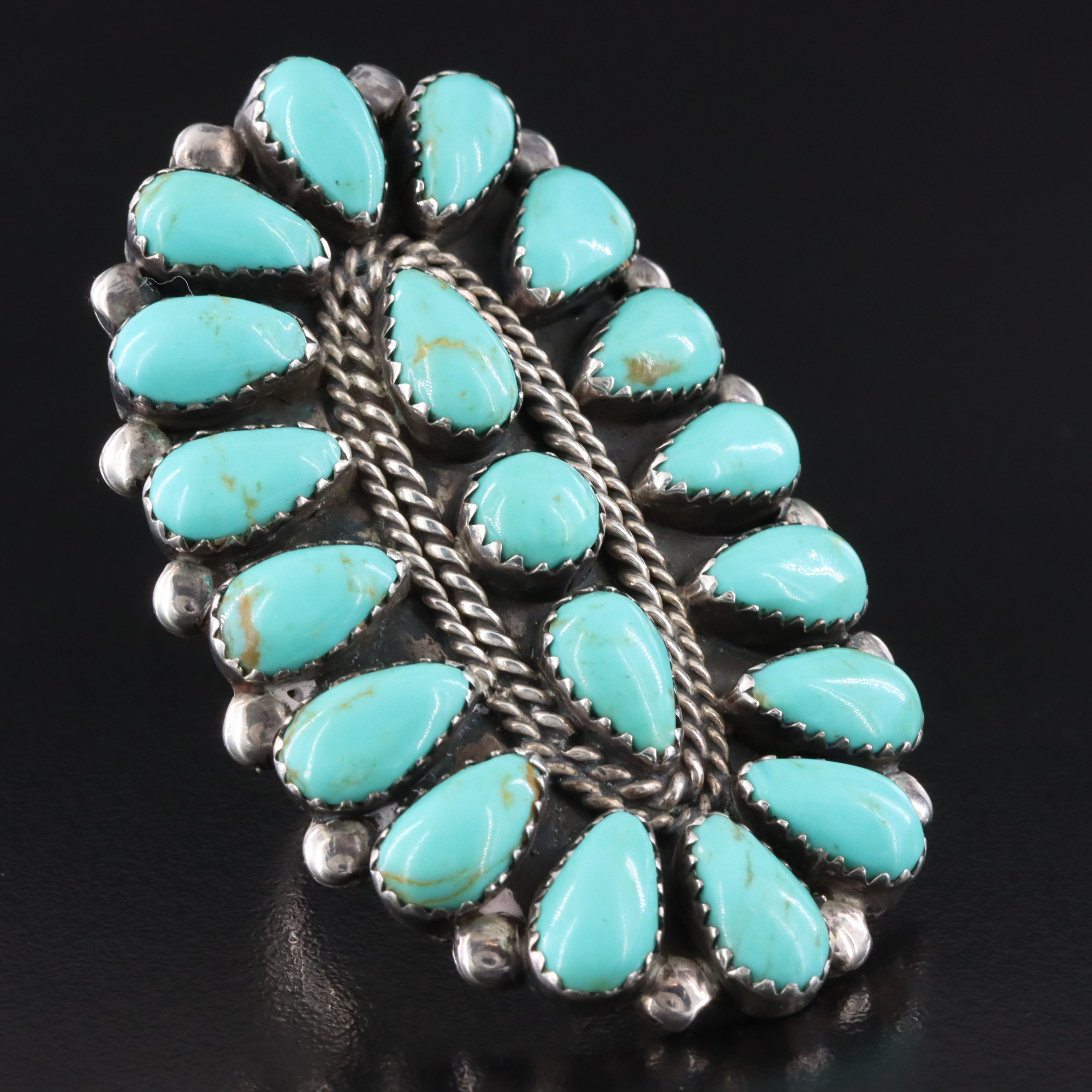 Southwestern Signed Sterling Turquoise Cluster Ring