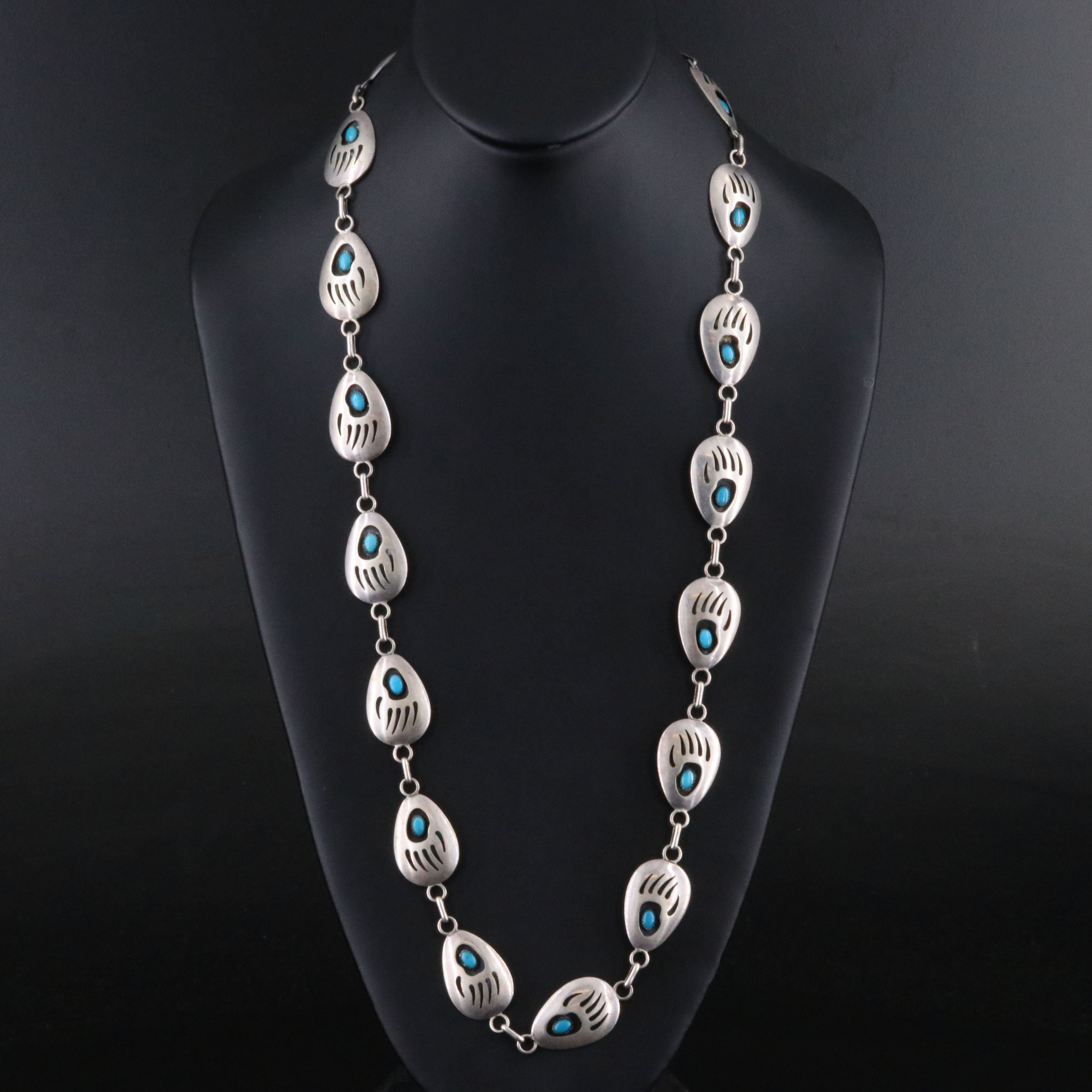 Southwestern Signed Sterling Turquoise Bear Paw Shadowbox Necklace