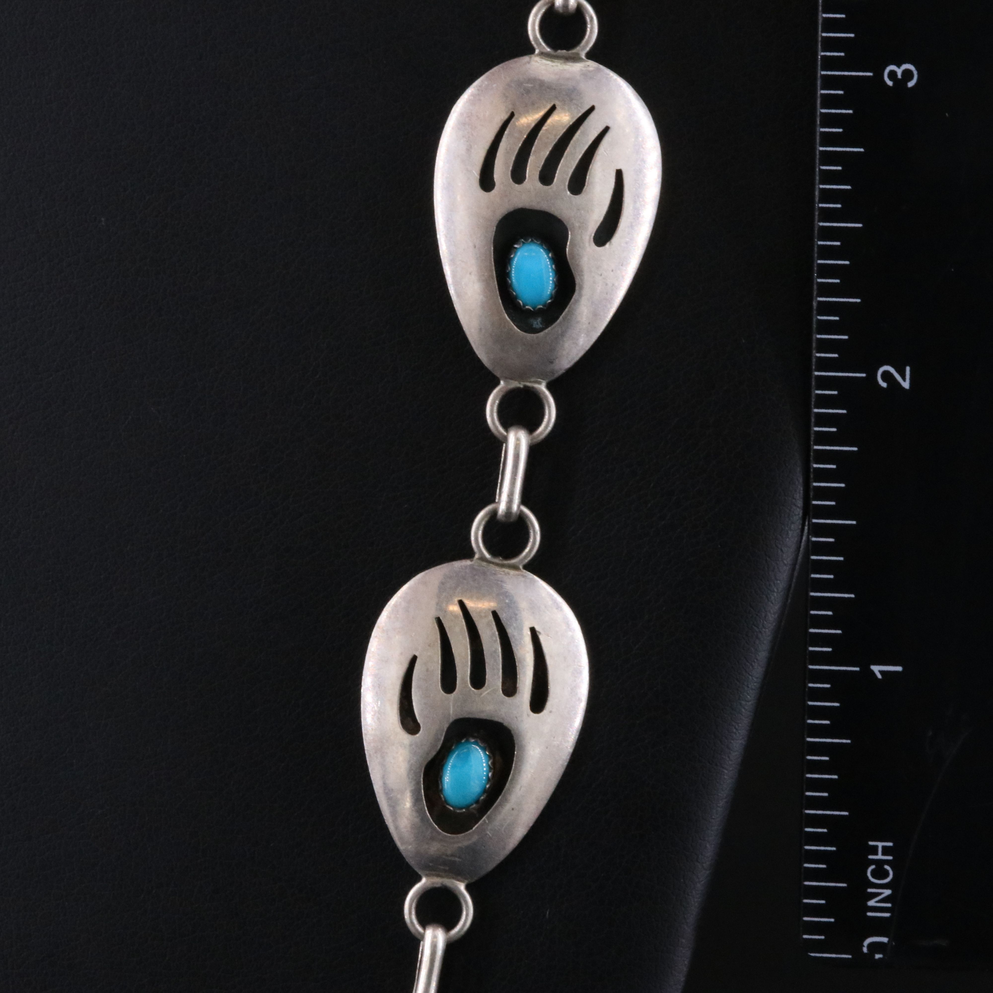 Southwestern Signed Sterling Turquoise Bear Paw Shadowbox Necklace