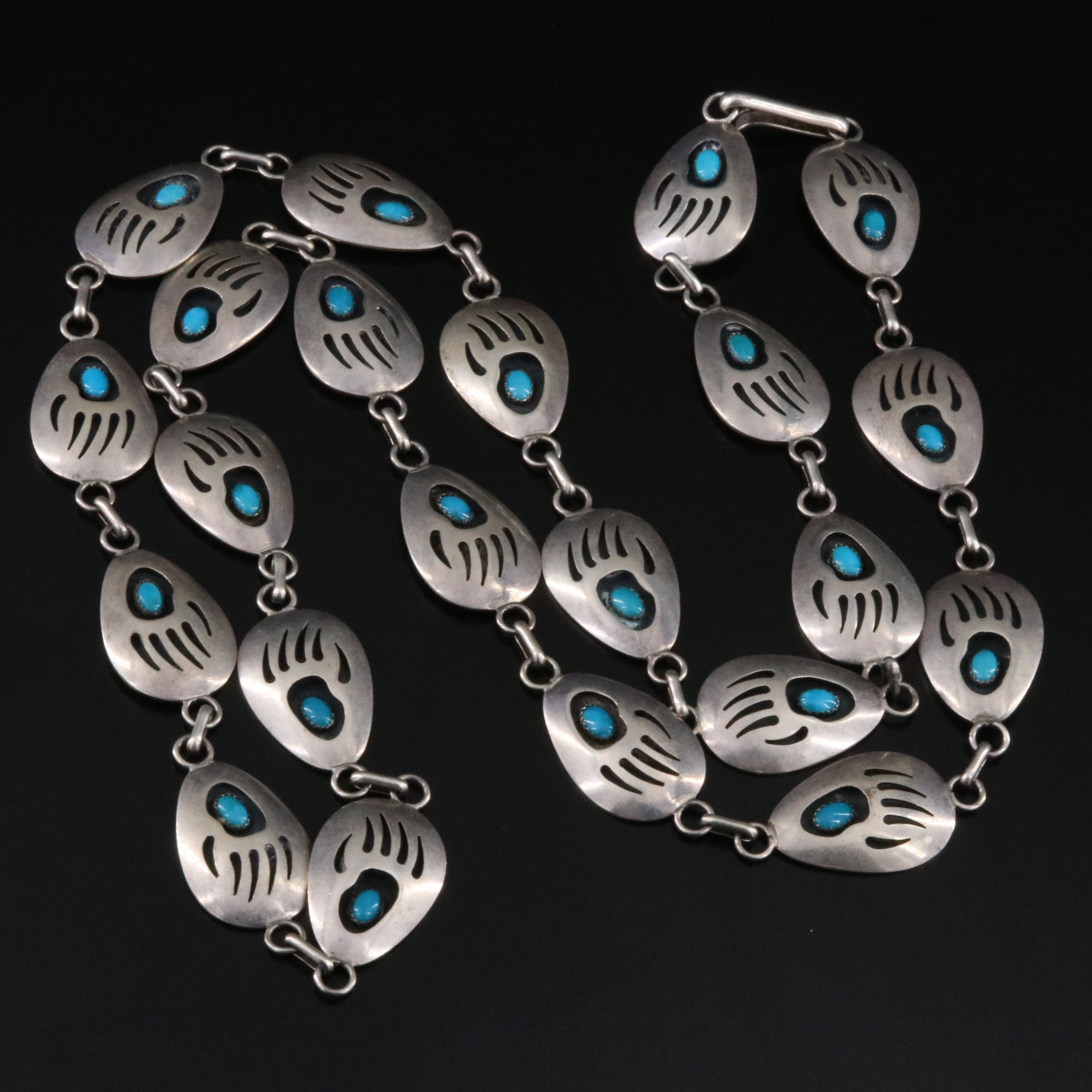 Southwestern Signed Sterling Turquoise Bear Paw Shadowbox Necklace