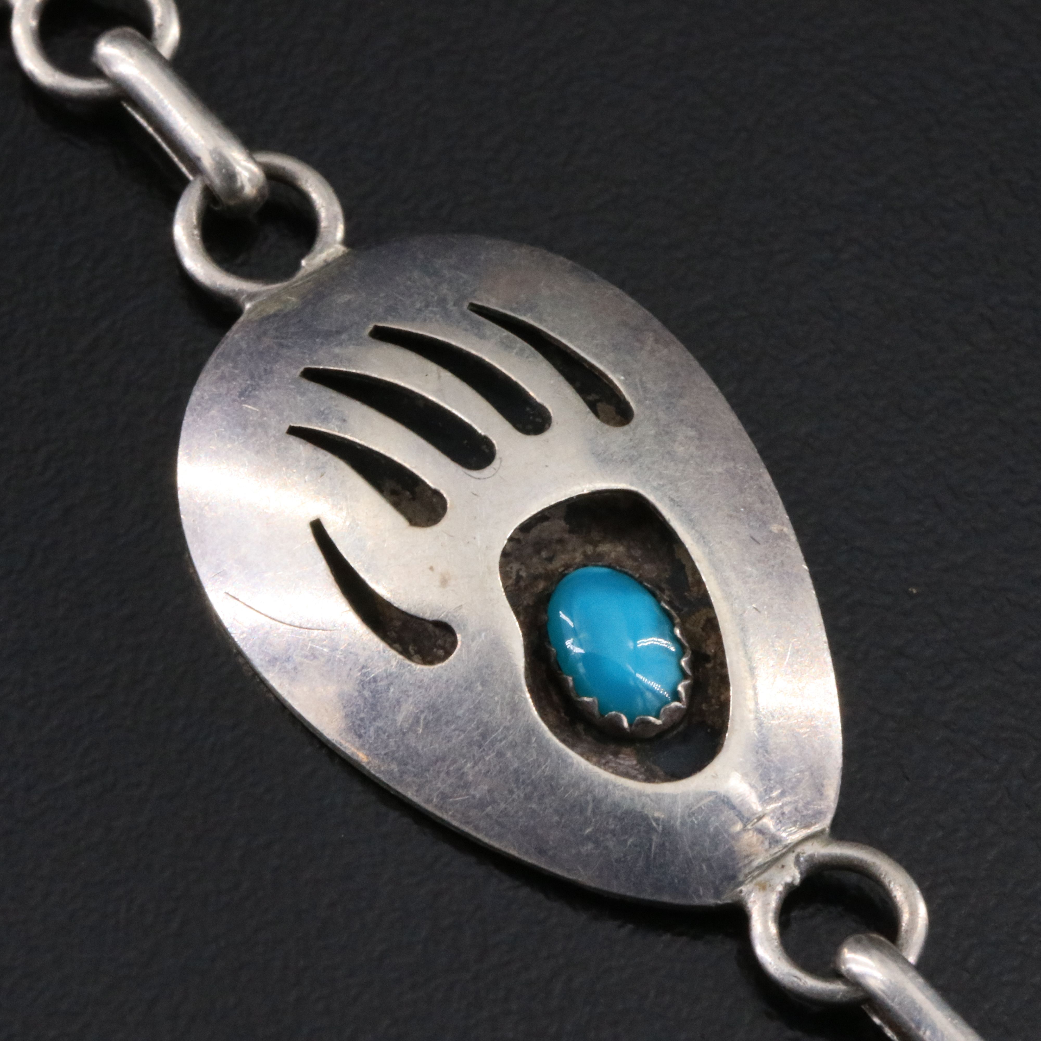 Southwestern Signed Sterling Turquoise Bear Paw Shadowbox Necklace