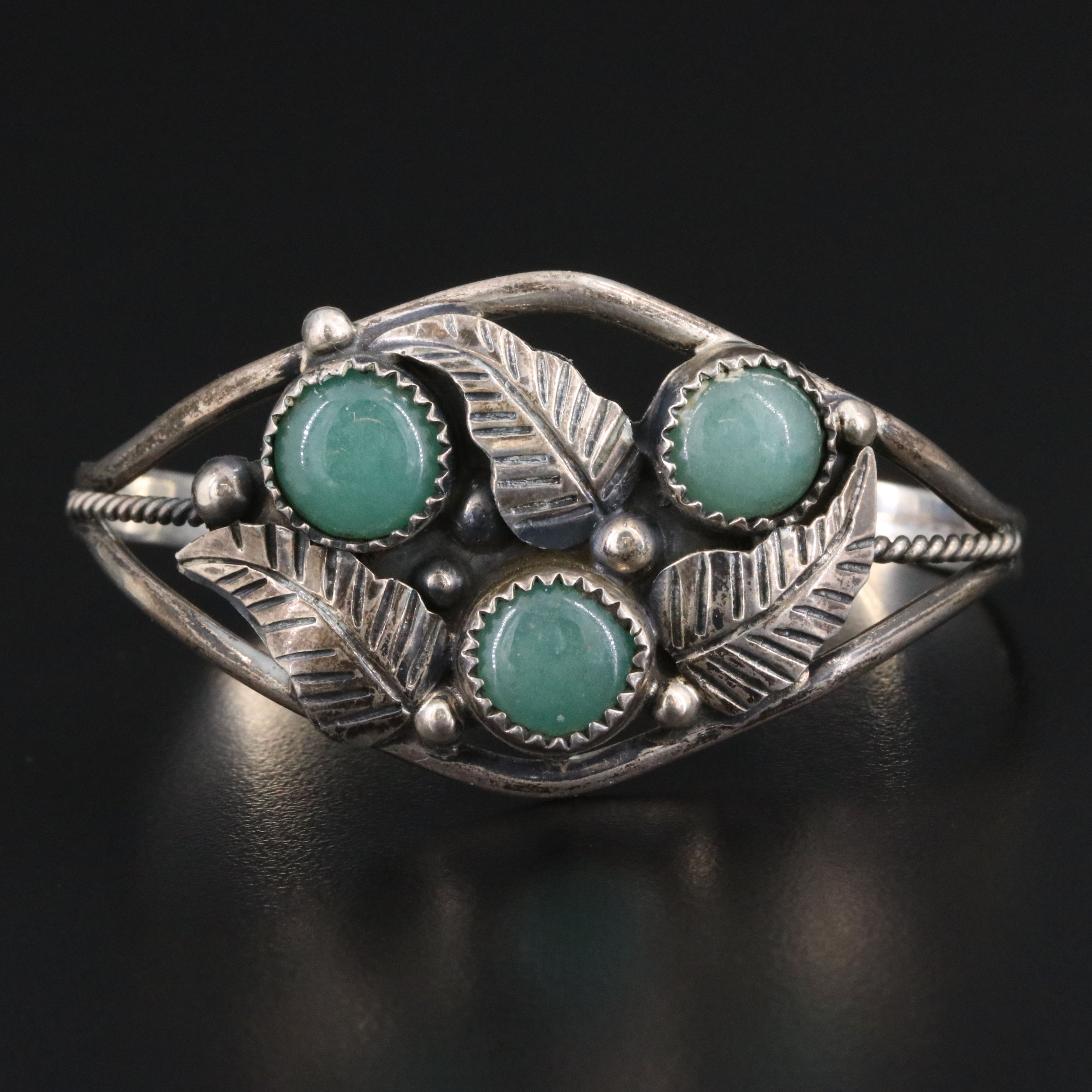 Mexican Sterling Aventurine Feather Cuff Bracelet