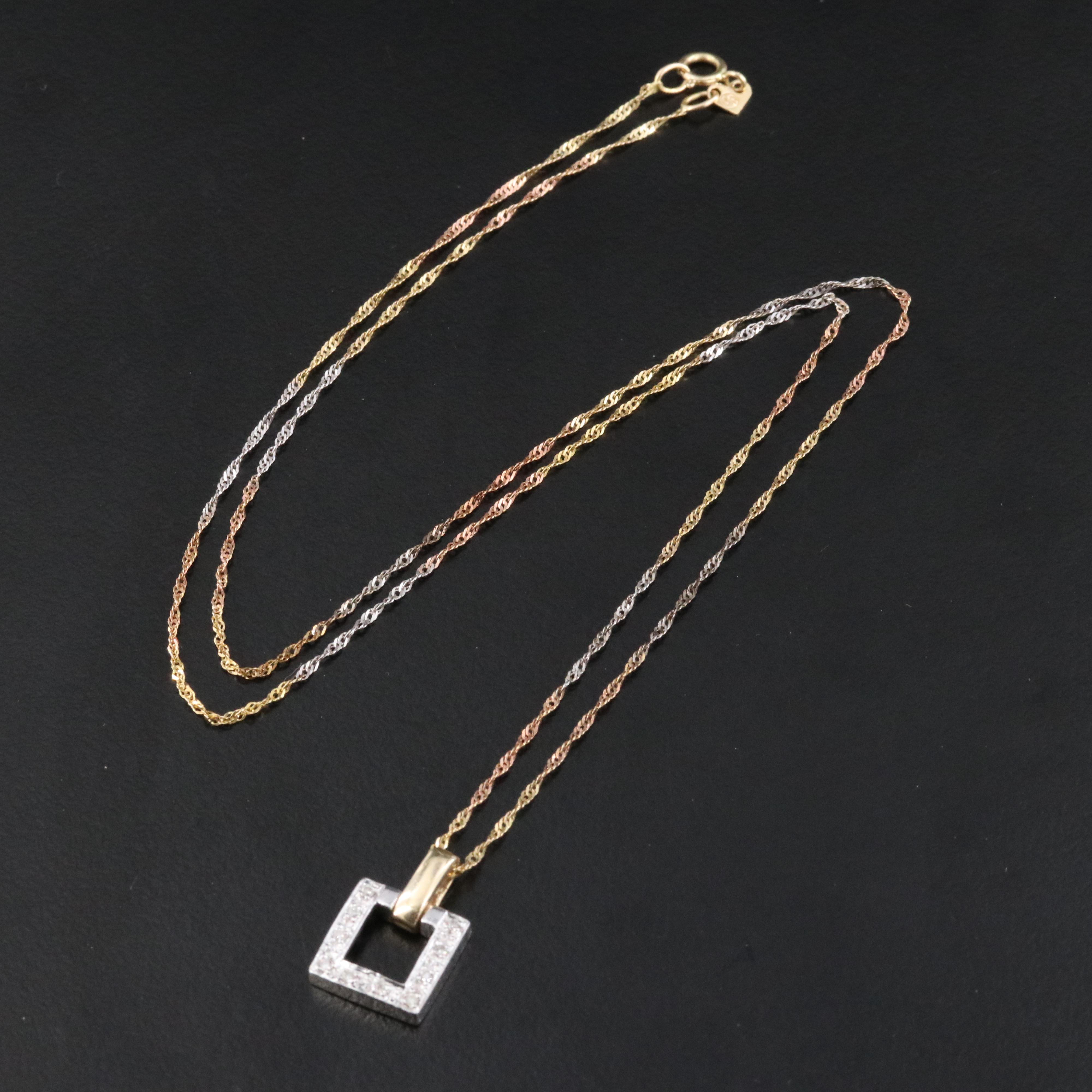 14K 0.07 CTW Diamond Pendant on Tri-Color Chain Necklace
