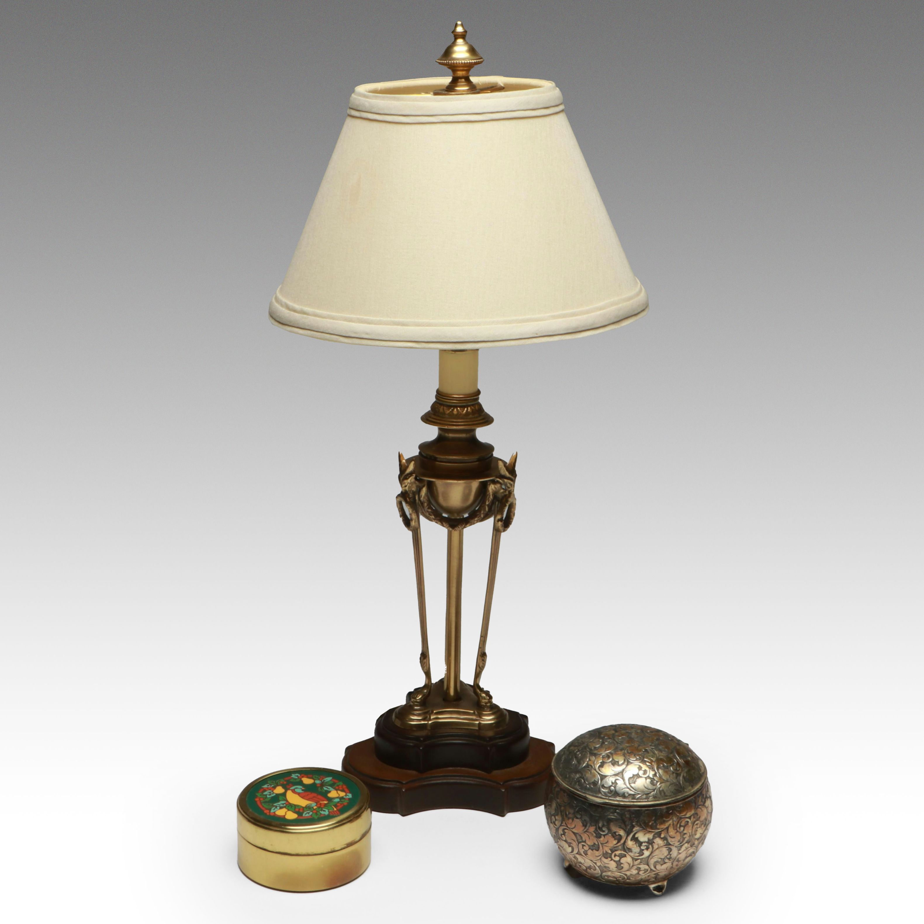 Hollywood Regency Style Table Lamp with Hallmark and Other Metal Boxes