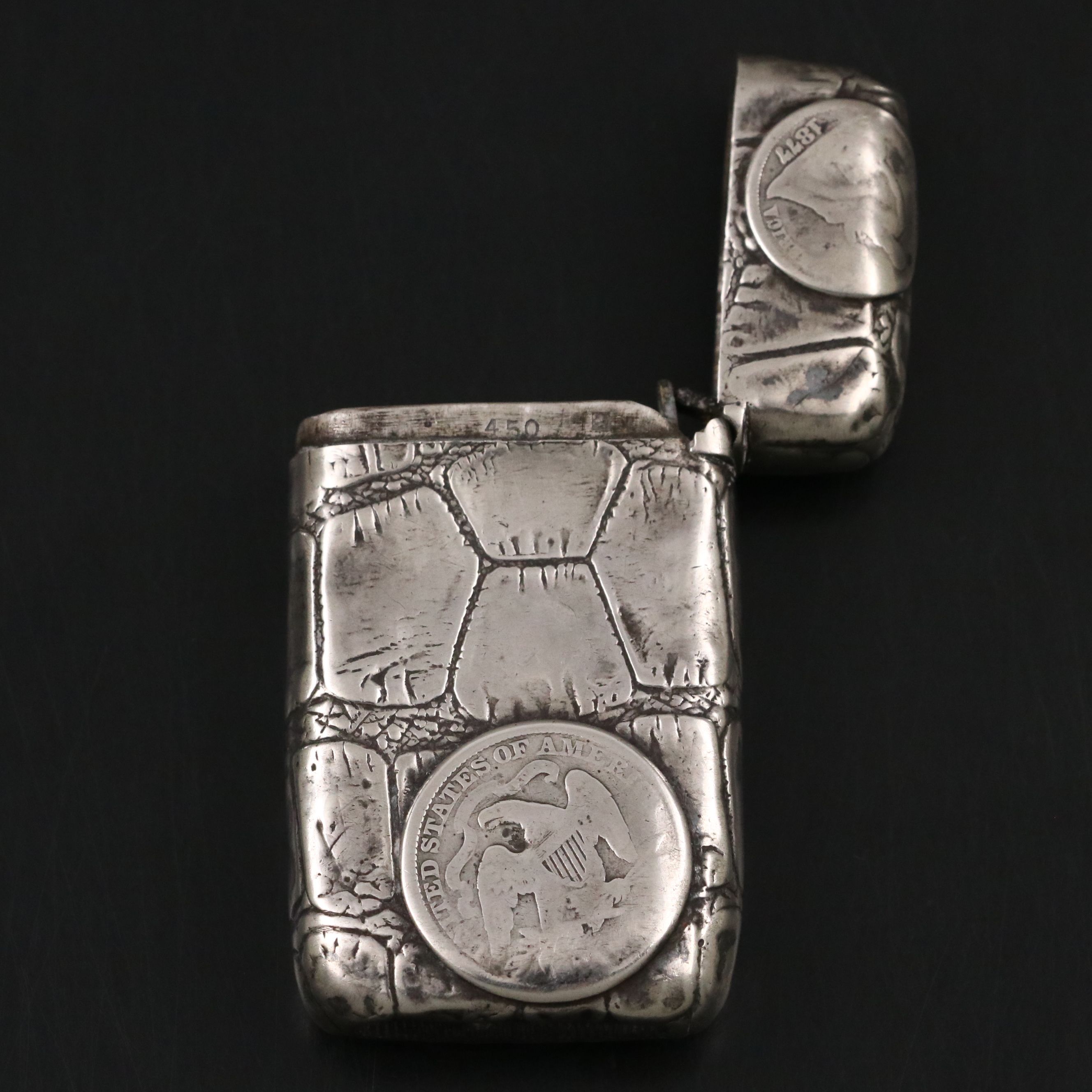 Gorham Sterling Silver Vesta with Seated Liberty and Other Half Dollars, 1886