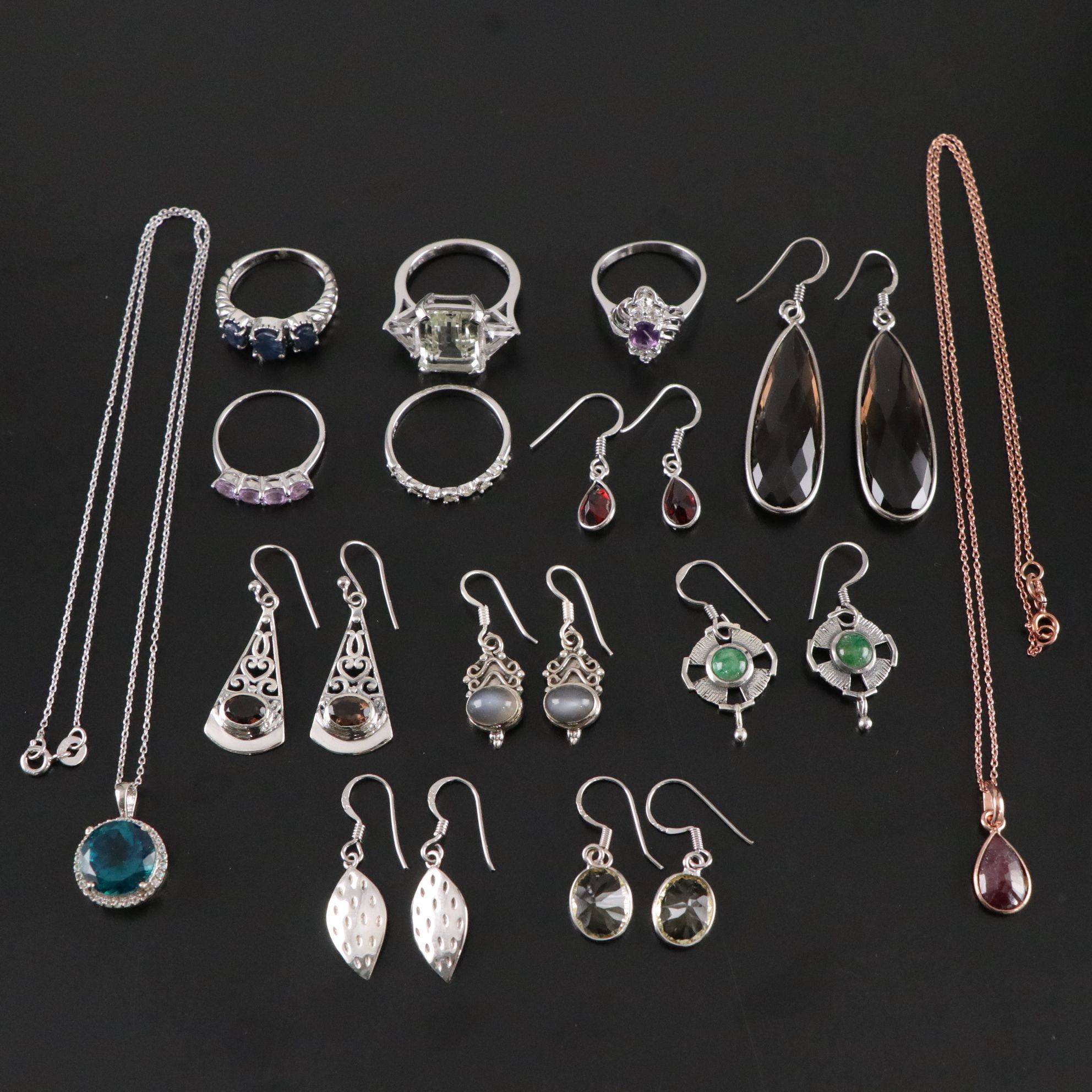 14 Assorted Sterling Silver Rings, Necklaces and Earrings