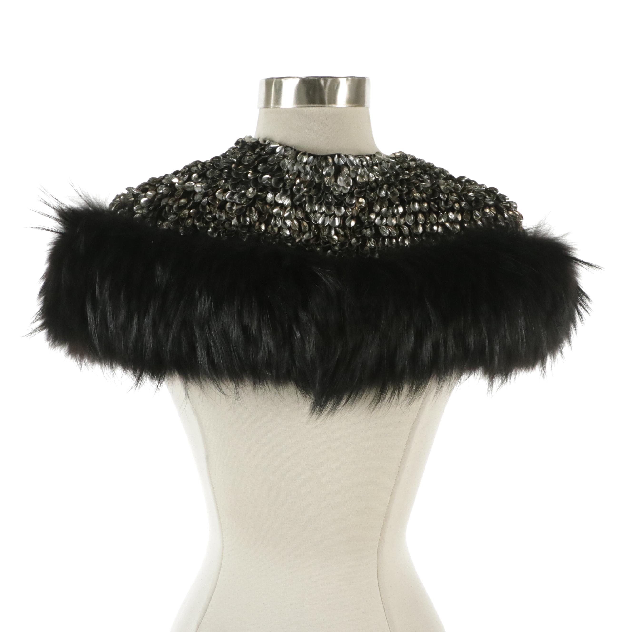 J. Mendel Mini Capelet Wrap in Dyed Tanuki Fur and Shell-Shaped Sequins