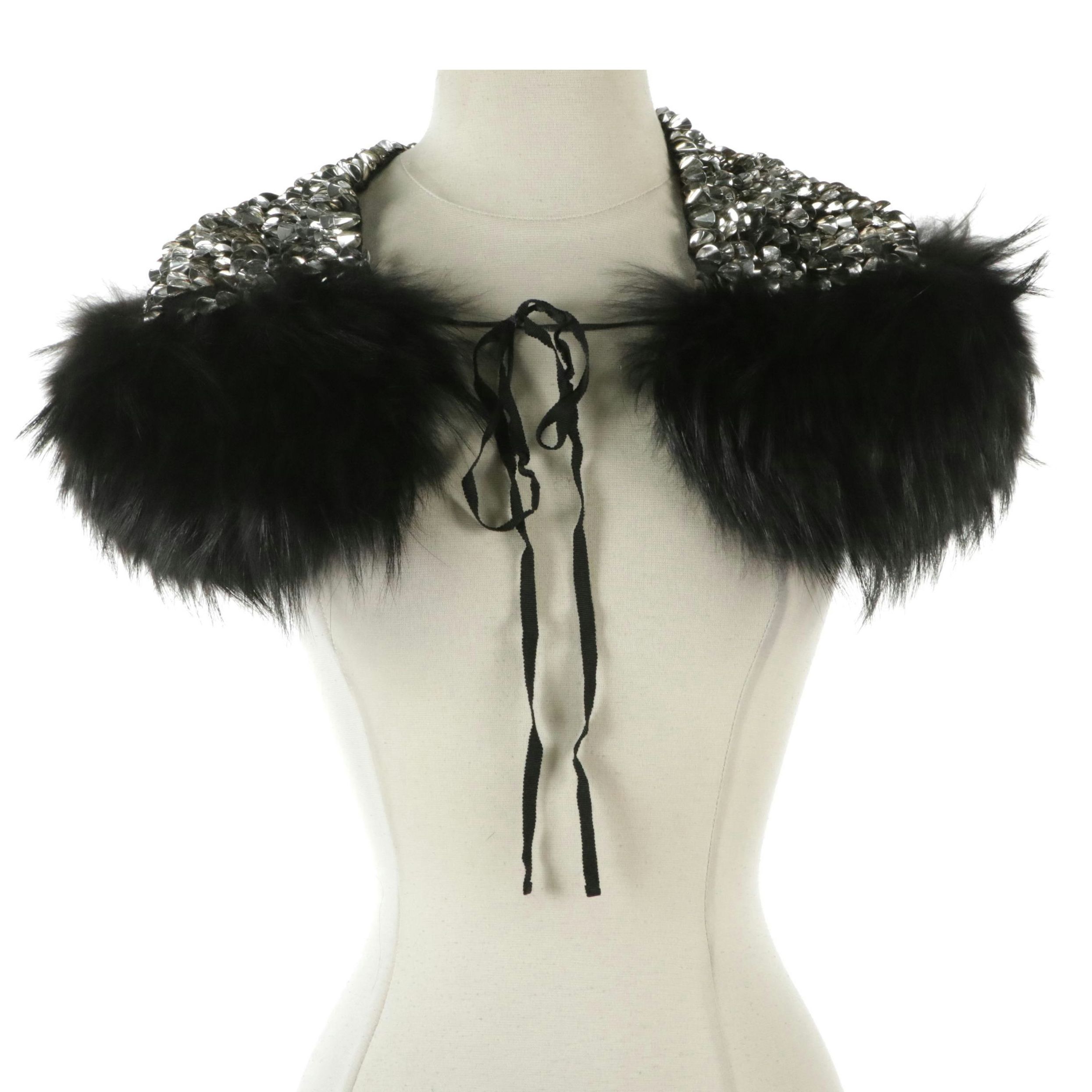 J. Mendel Mini Capelet Wrap in Dyed Tanuki Fur and Shell-Shaped Sequins
