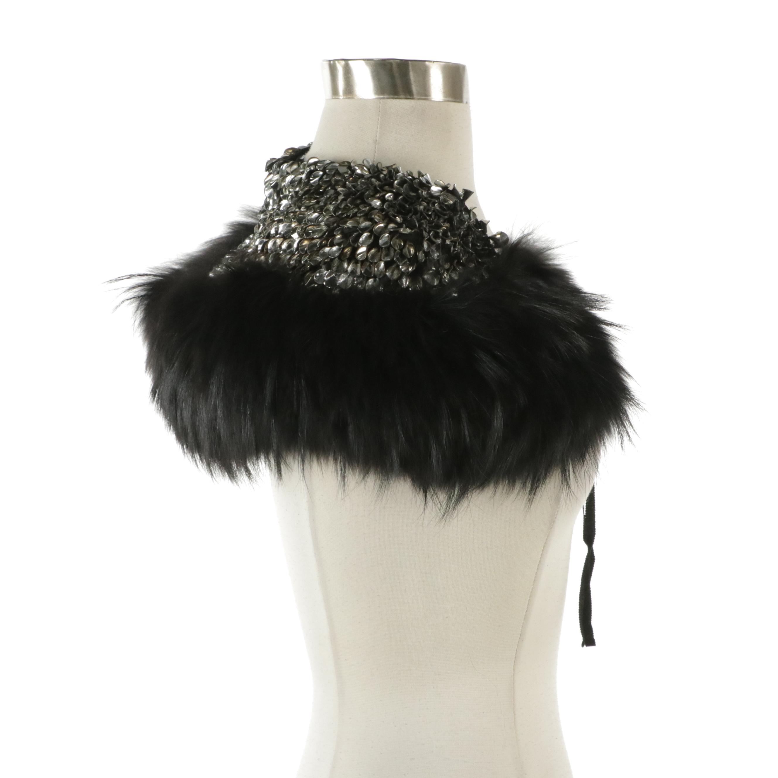 J. Mendel Mini Capelet Wrap in Dyed Tanuki Fur and Shell-Shaped Sequins