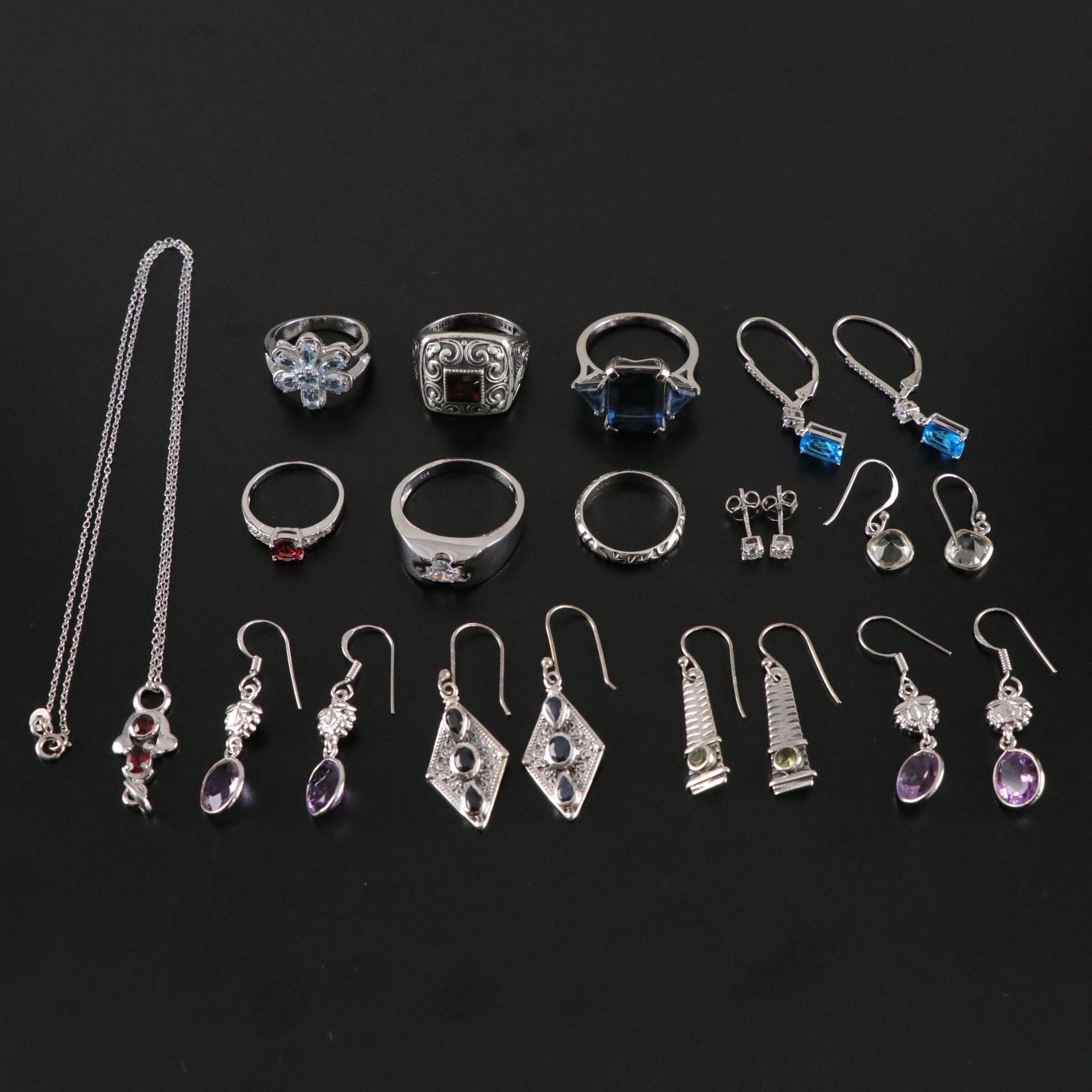 14 Assorted Sterling Silver Rings, Necklace and Earrings