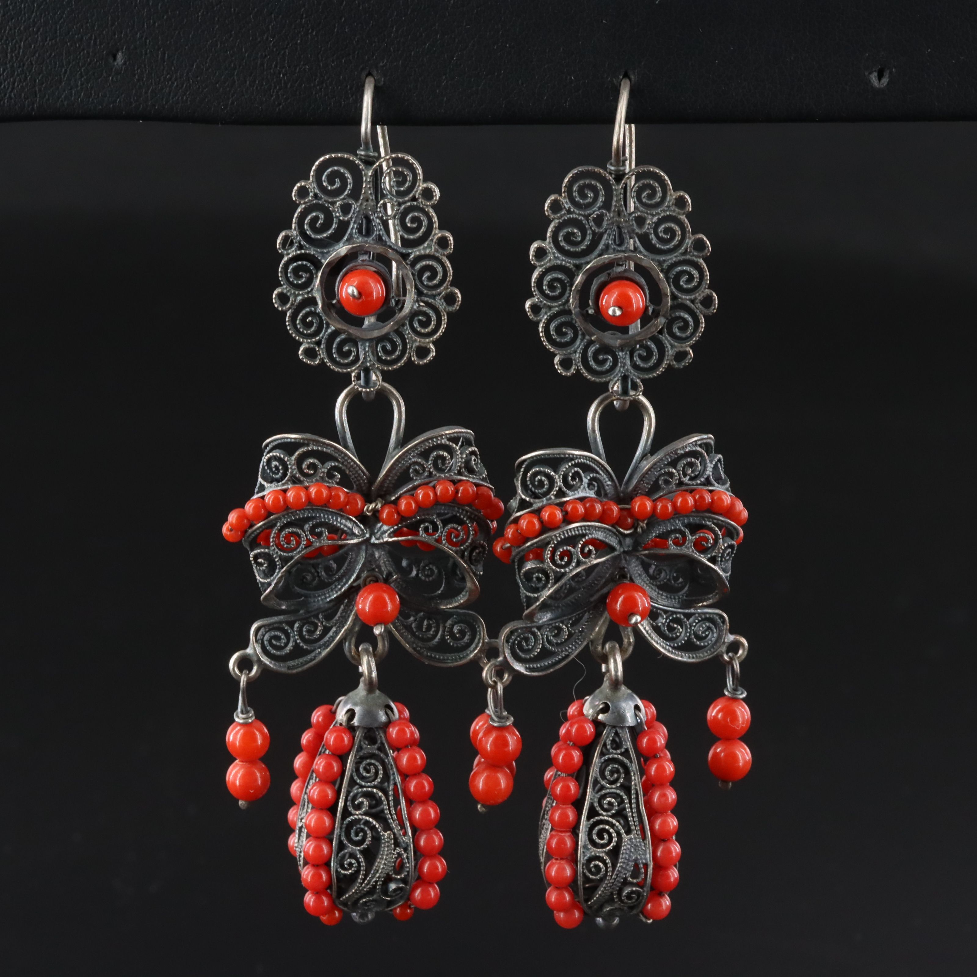 Vintage Sterling Glass Bead Filigree Bow Earrings