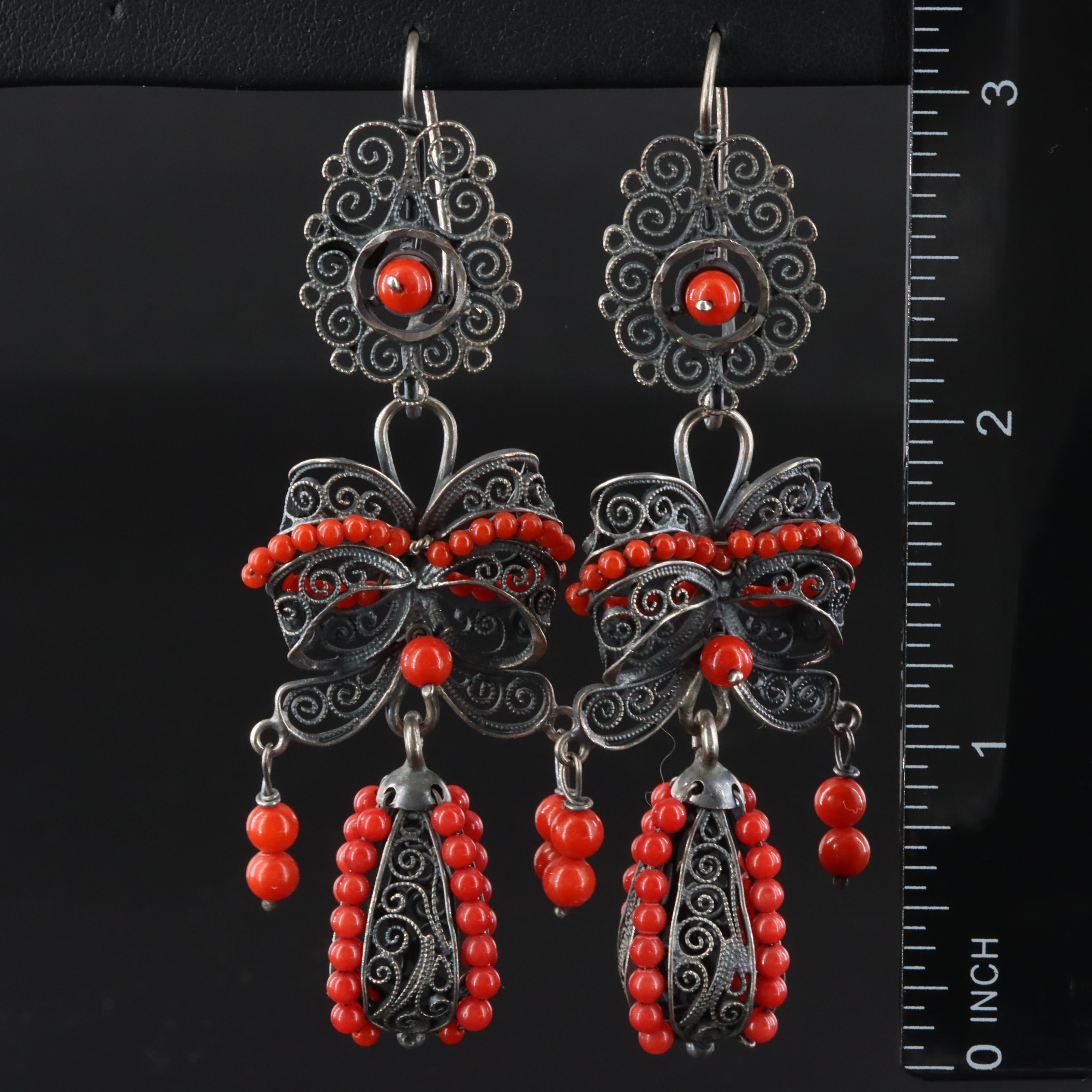 Vintage Sterling Glass Bead Filigree Bow Earrings
