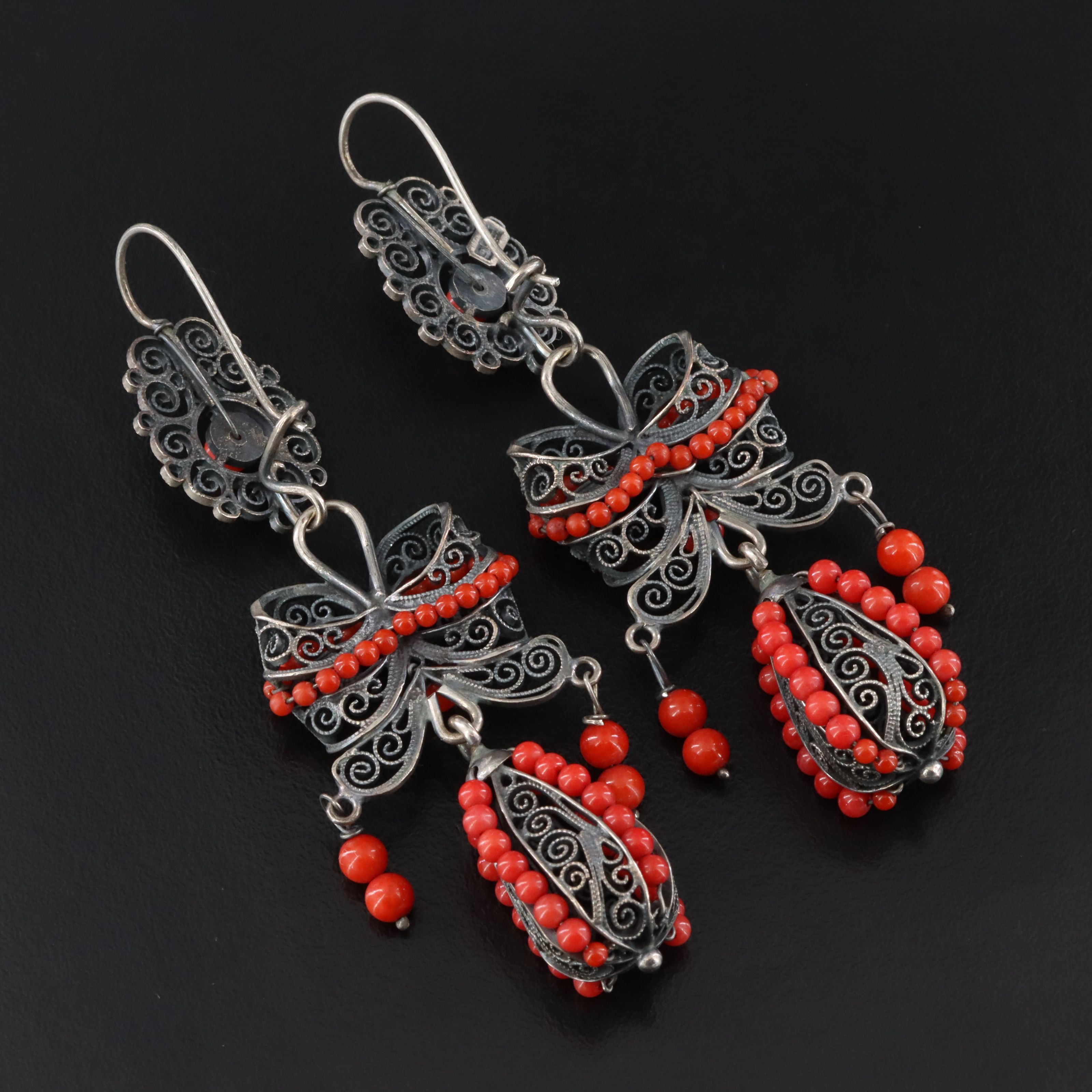 Vintage Sterling Glass Bead Filigree Bow Earrings