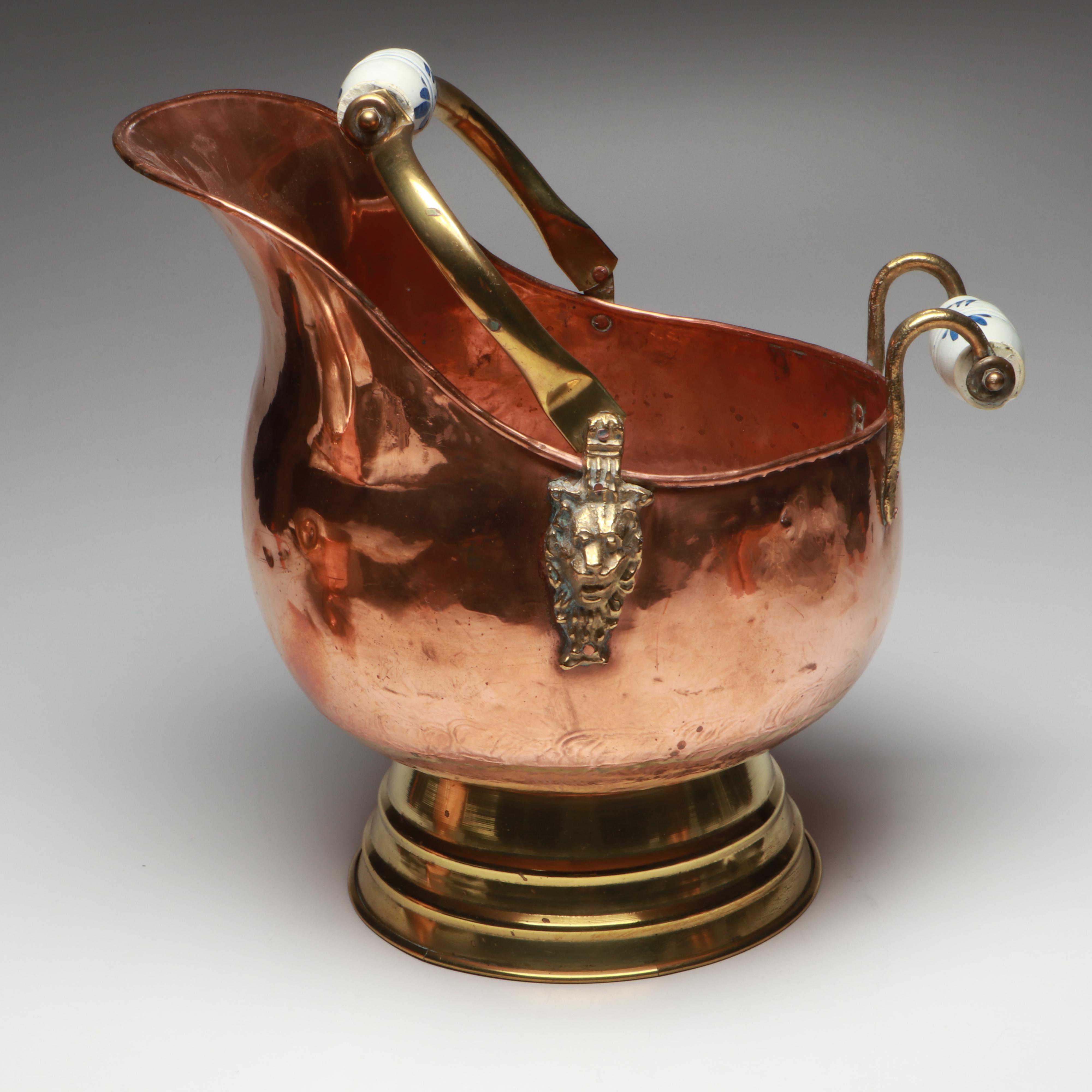 Copper and Brass Lion Head Coal Scuttle with Copper Mugs and Colander