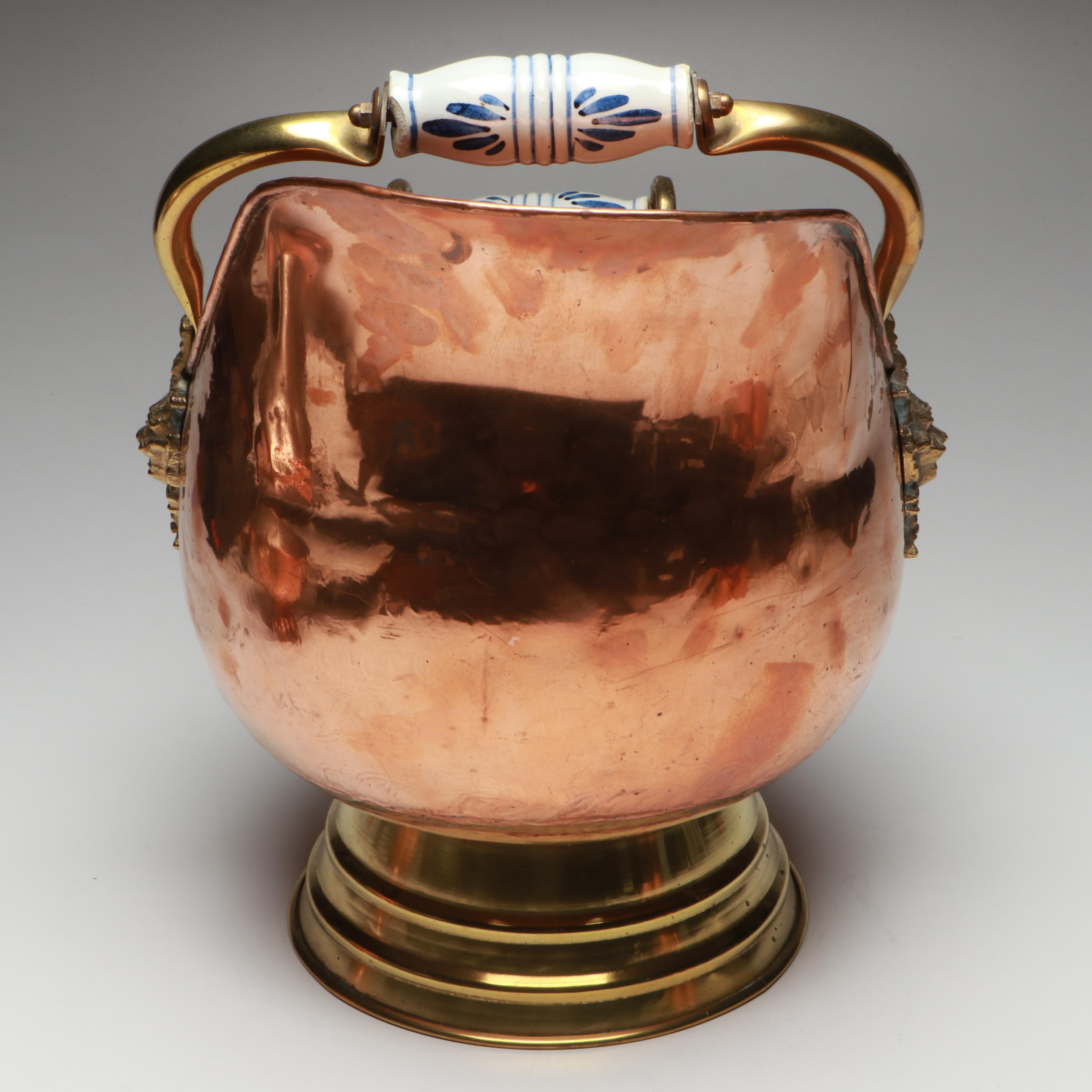 Copper and Brass Lion Head Coal Scuttle with Copper Mugs and Colander