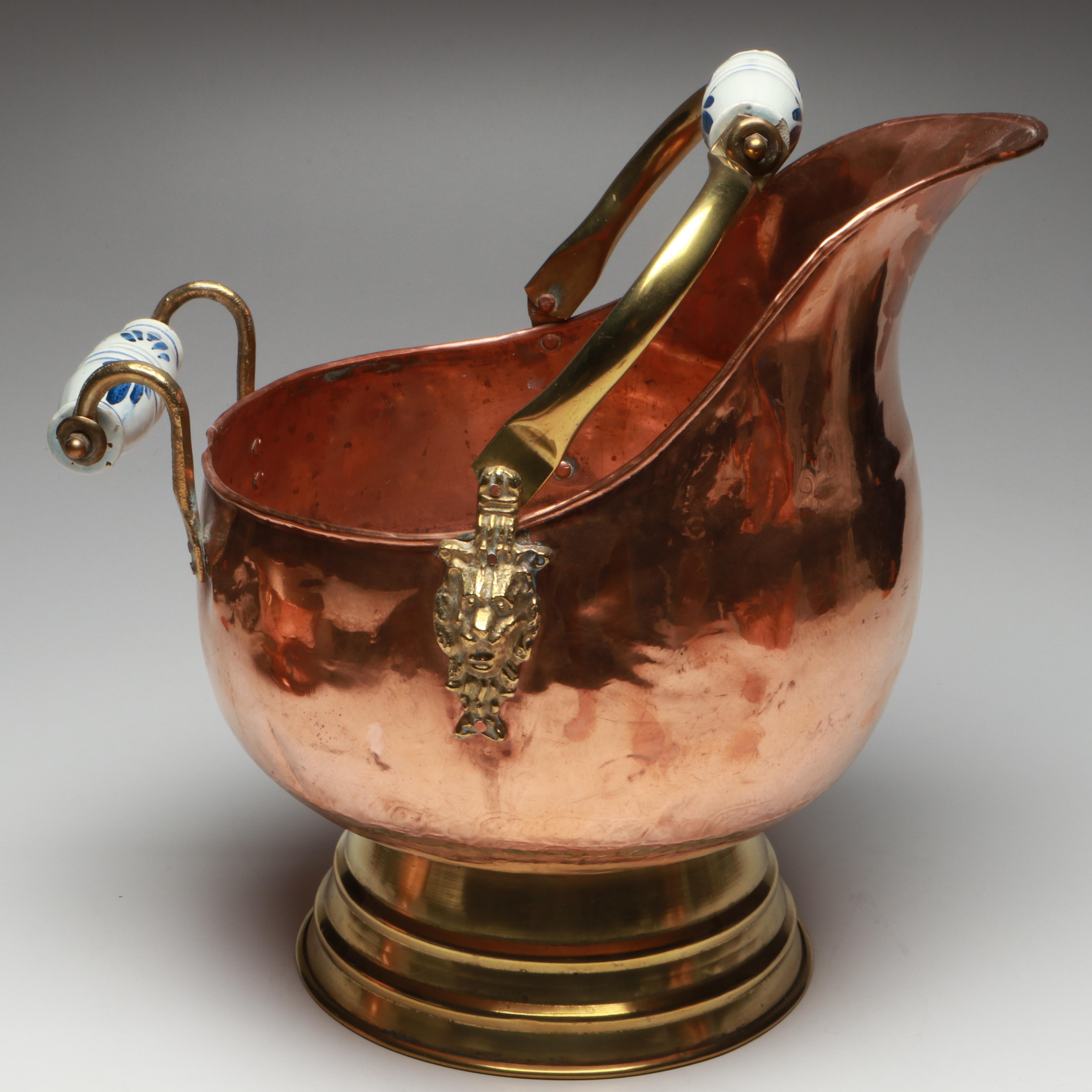 Copper and Brass Lion Head Coal Scuttle with Copper Mugs and Colander