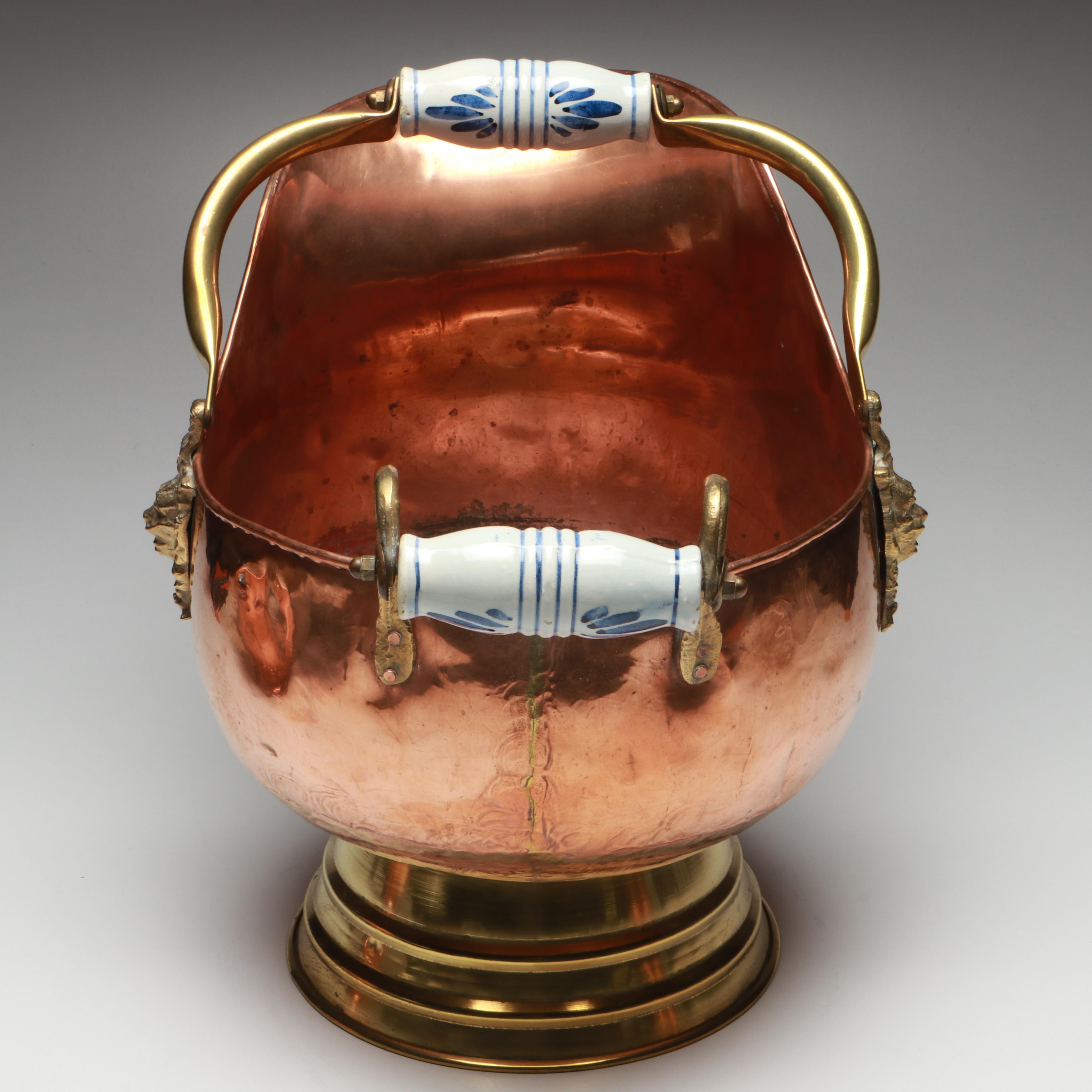 Copper and Brass Lion Head Coal Scuttle with Copper Mugs and Colander