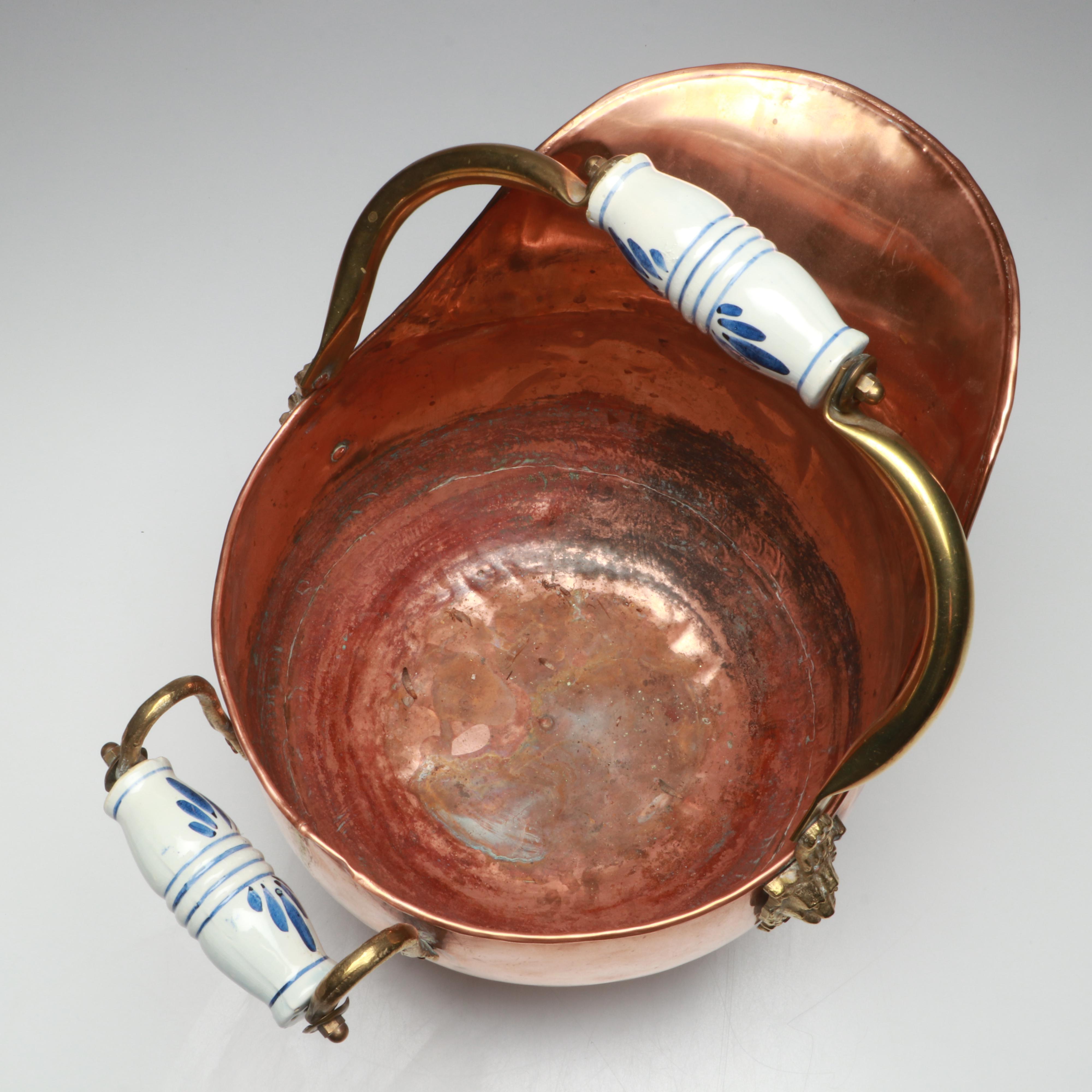 Copper and Brass Lion Head Coal Scuttle with Copper Mugs and Colander