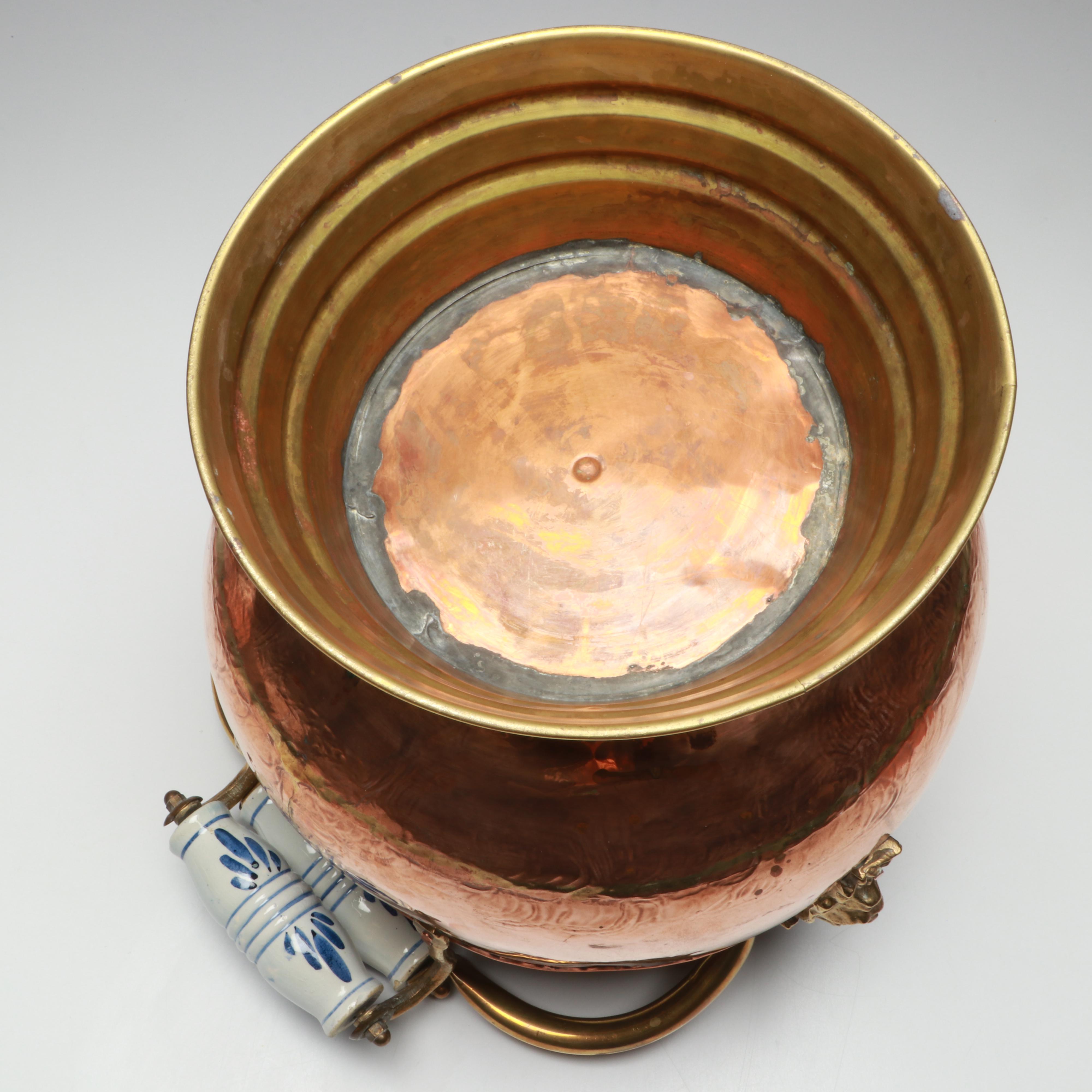 Copper and Brass Lion Head Coal Scuttle with Copper Mugs and Colander