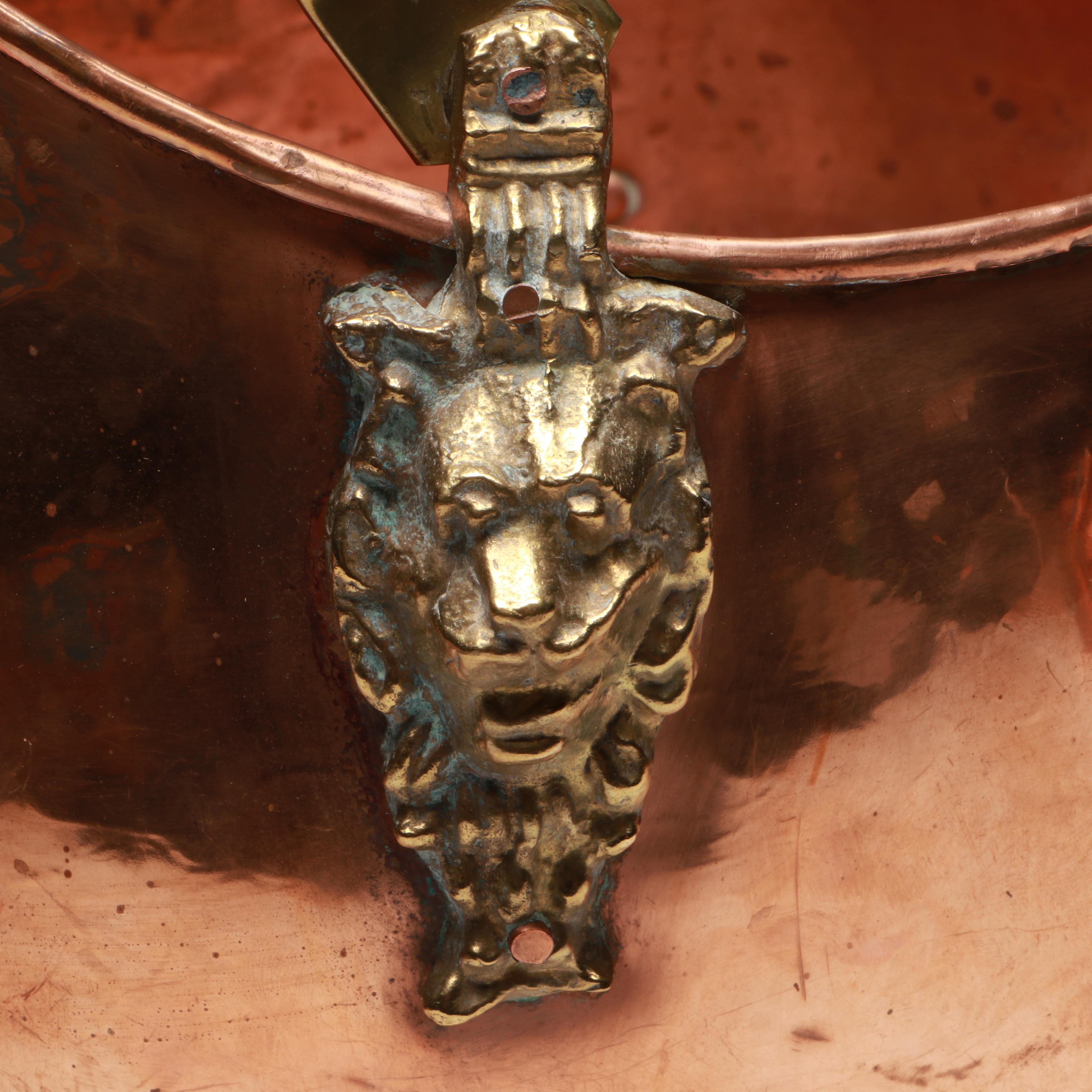 Copper and Brass Lion Head Coal Scuttle with Copper Mugs and Colander